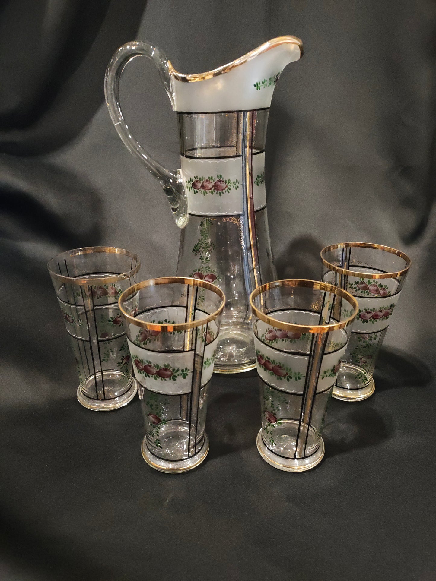 Antique Bohemian Enameled Glass Lemonade Set – Hand-Painted Floral, Gilt Accents