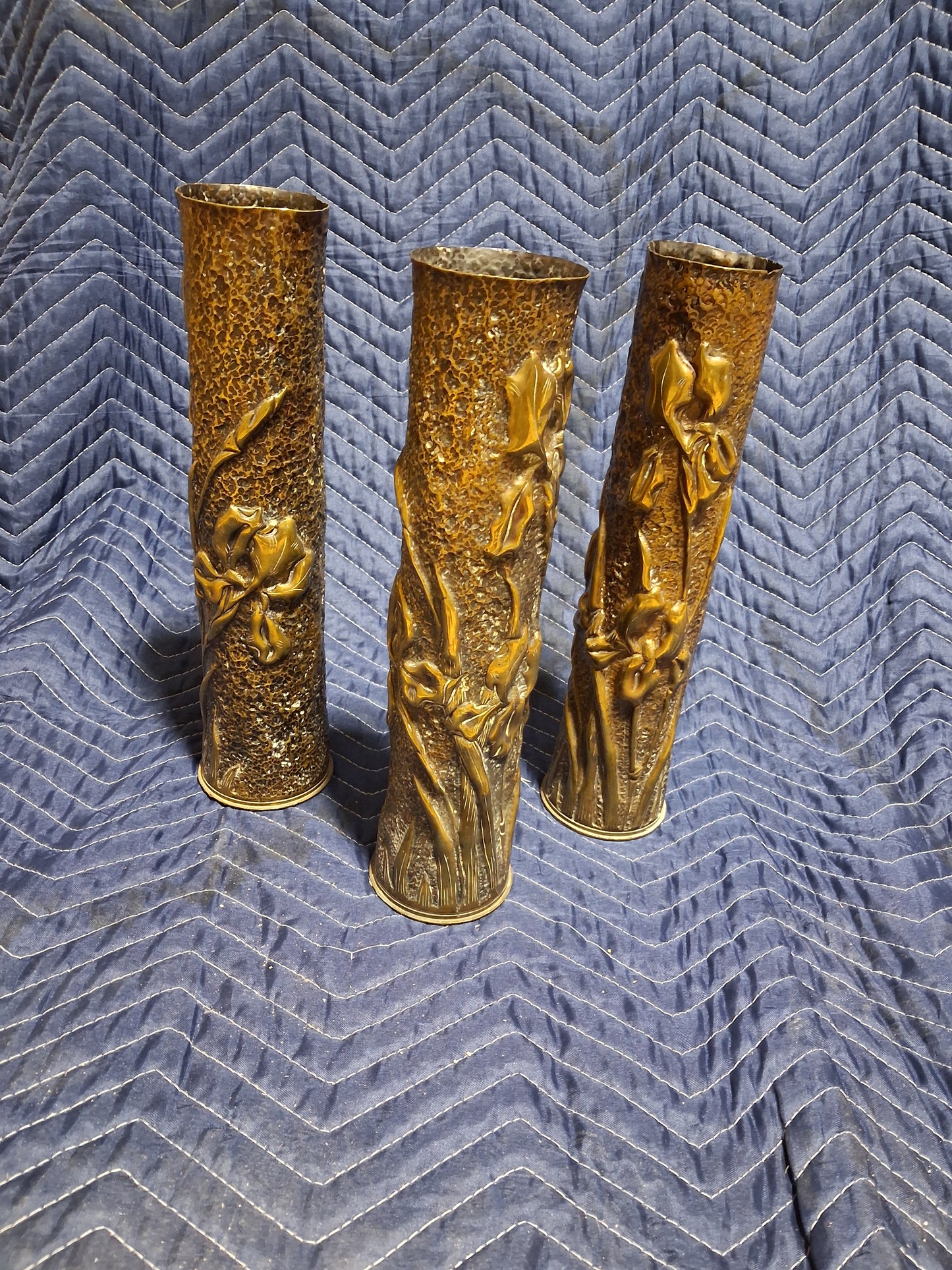 French WWI Trench Art Iris Shell Vase Set, Three 75mm Artillery Casings