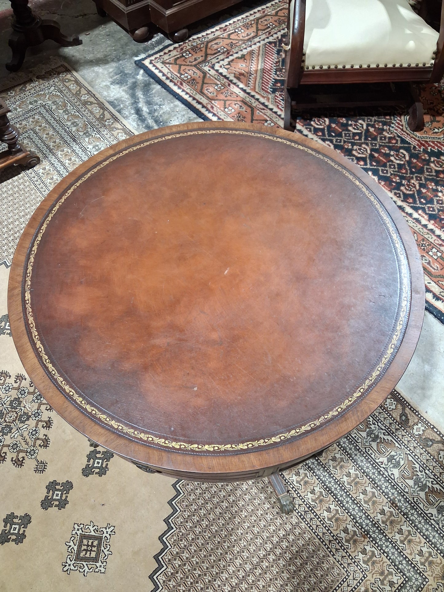 Regency Style Drum Table with Leather Top & Lion’s Paw Feet