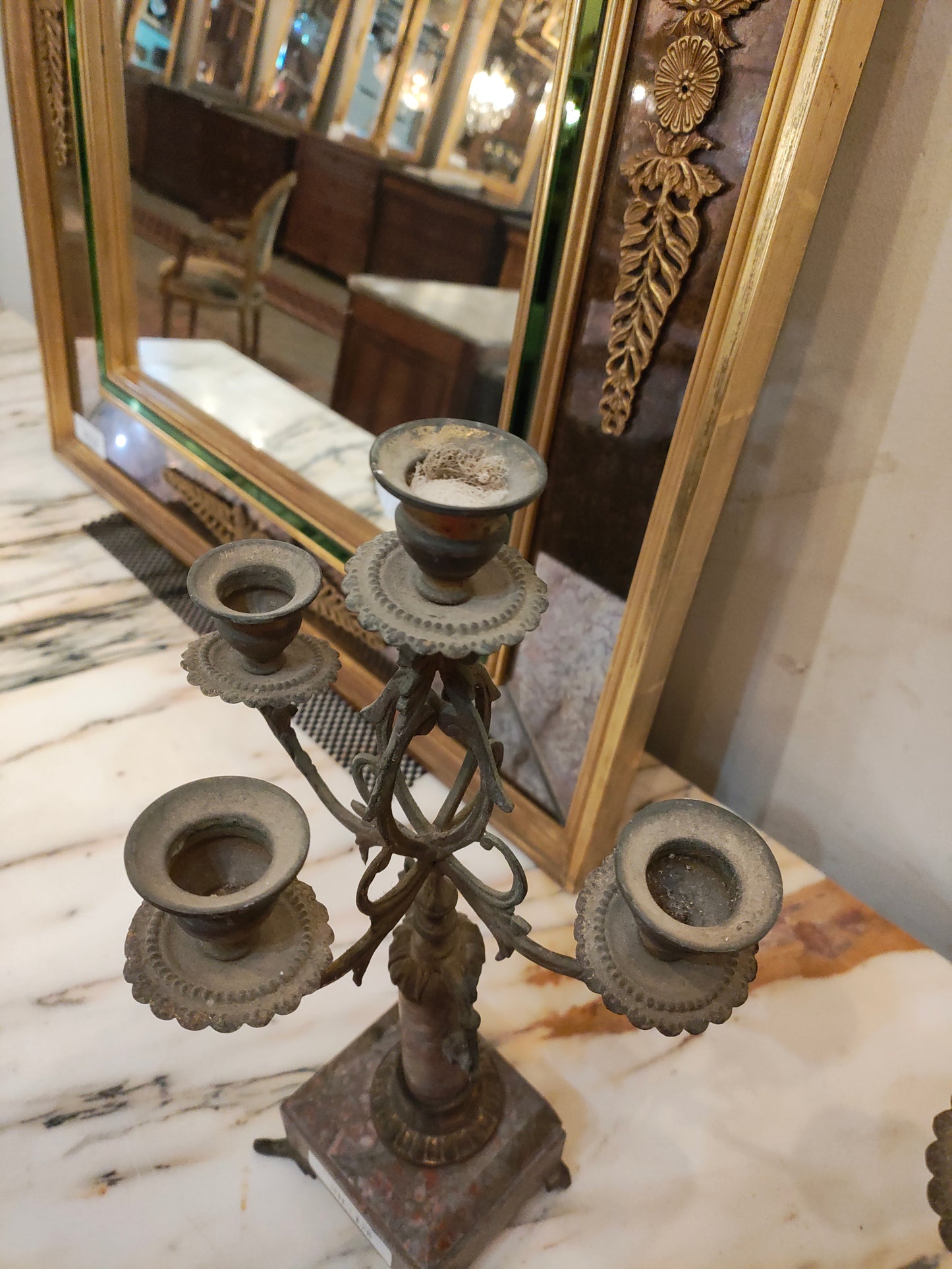 Pair of French Neoclassical Bronze & Stone Candelabras, c. 1880