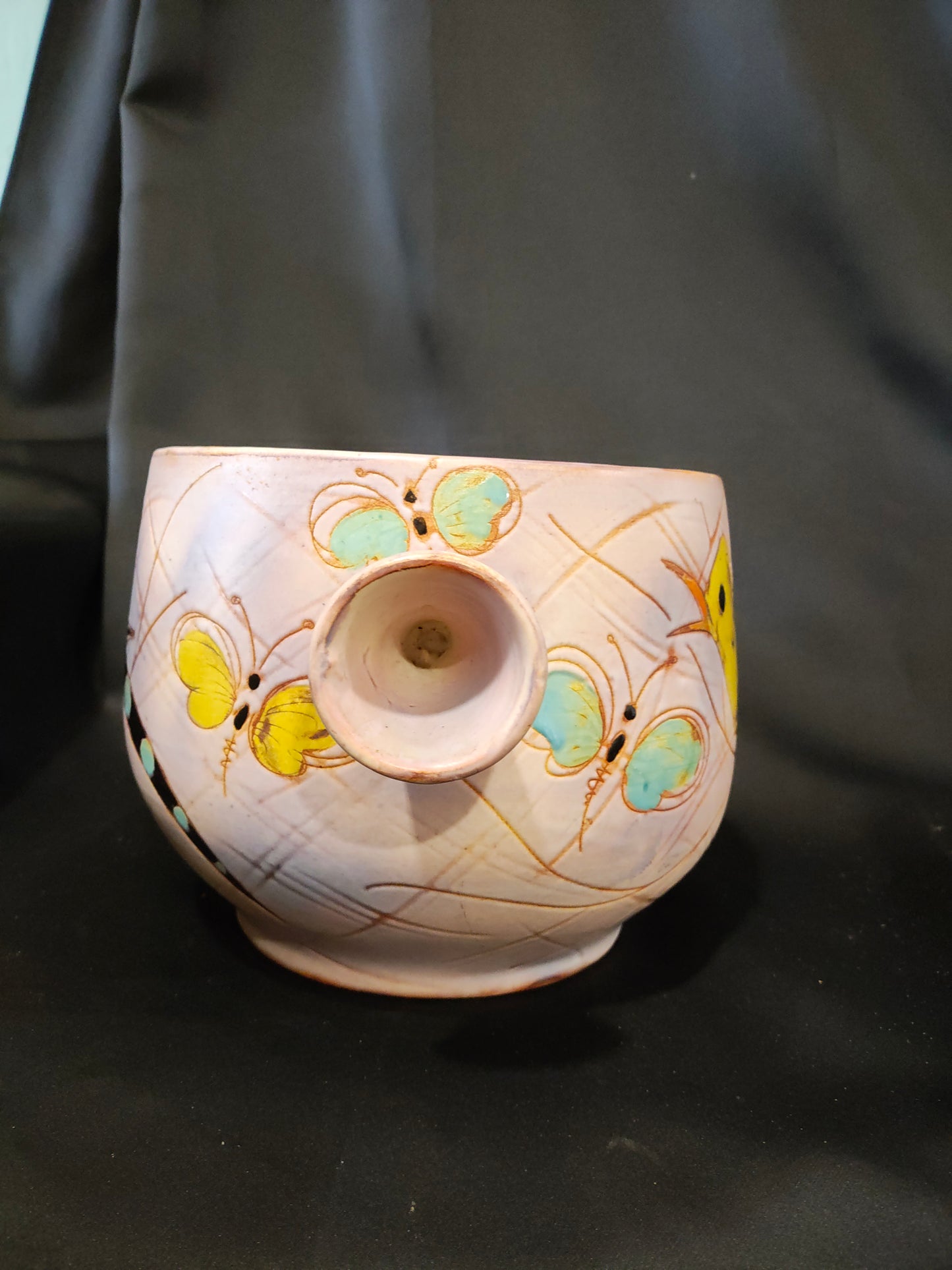 Mid-Century French Vallauris Hand-Painted Bird & Butterfly Art Pottery Bowl