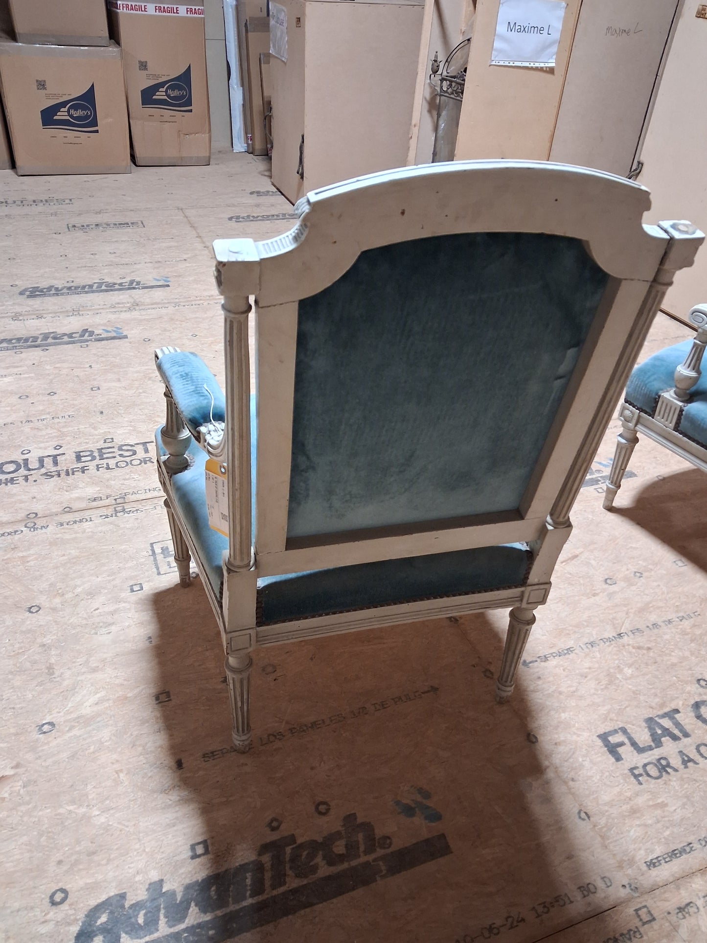 Pair of French Louis XVI Style Painted Fauteuils with Blue Velvet Upholstery