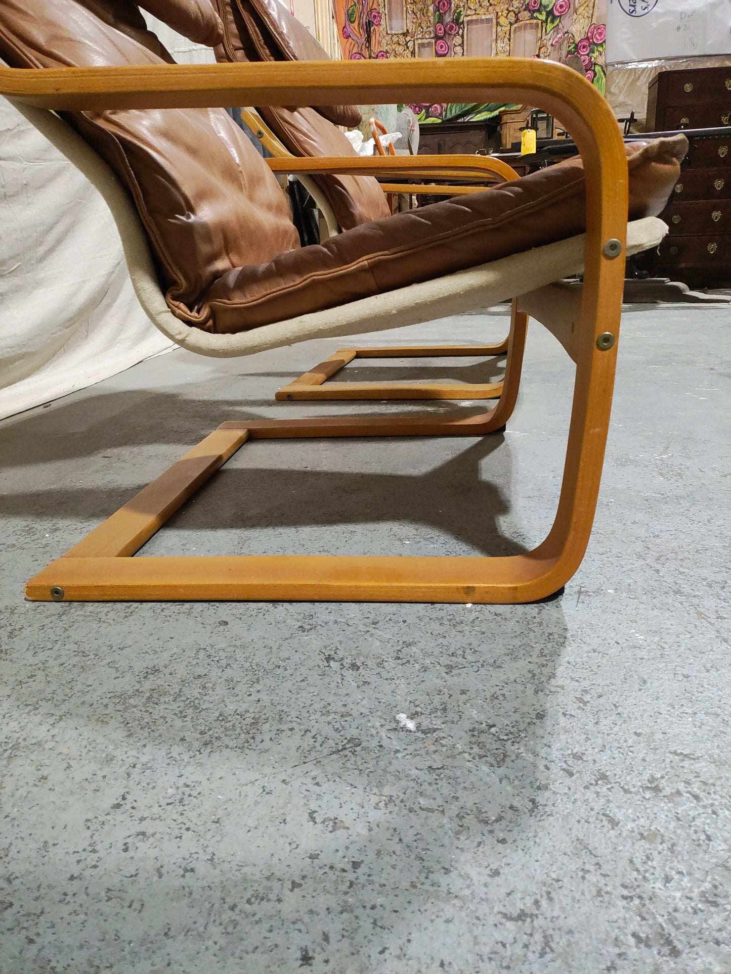 Pair of Italian Mid-Century Modern Bentwood Sling Lounge Chairs by Veneta, Caramel Leather, Circa 1960