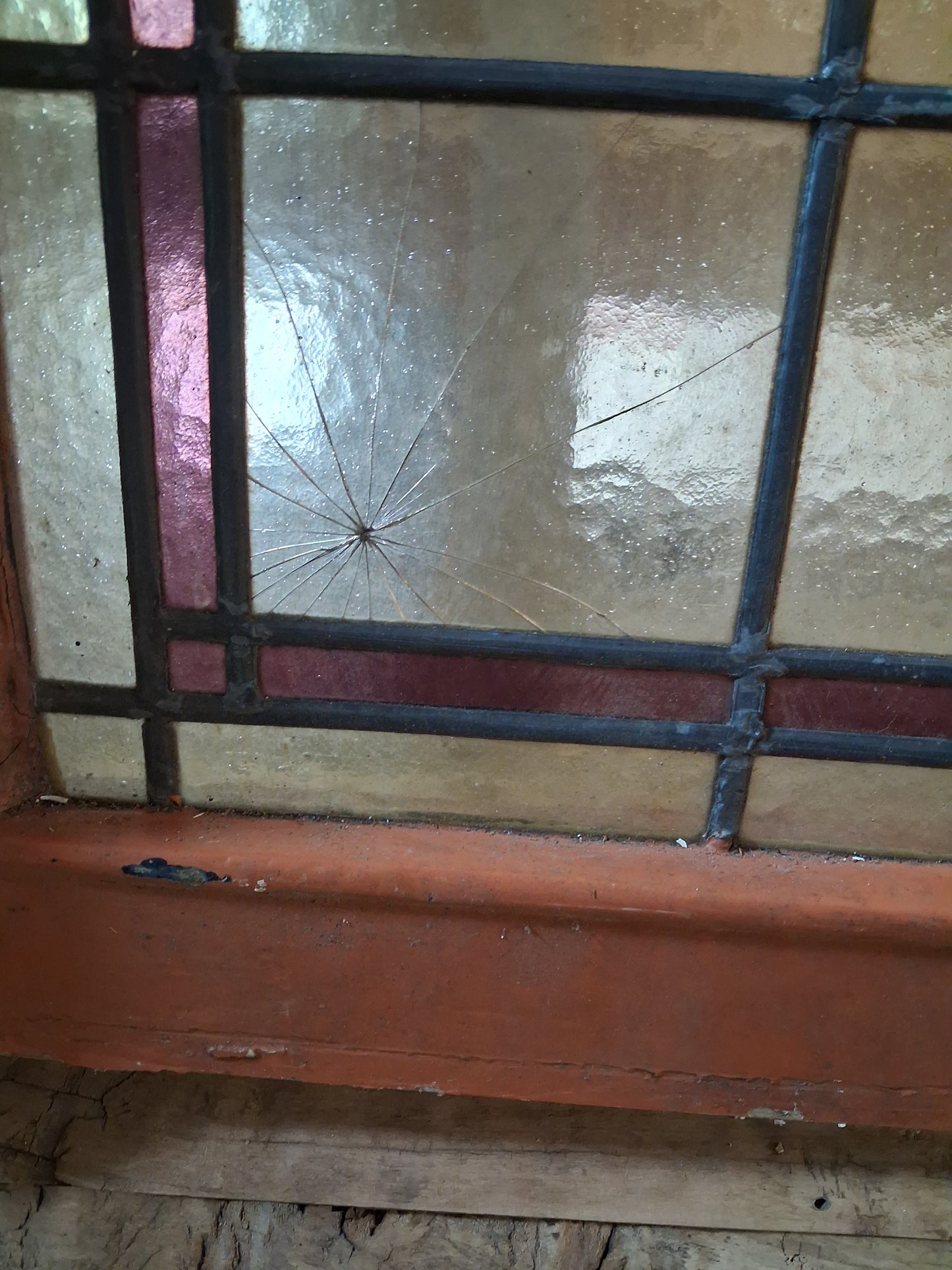 Antique Stained Glass Window with Diamond Motif and Painted Frame