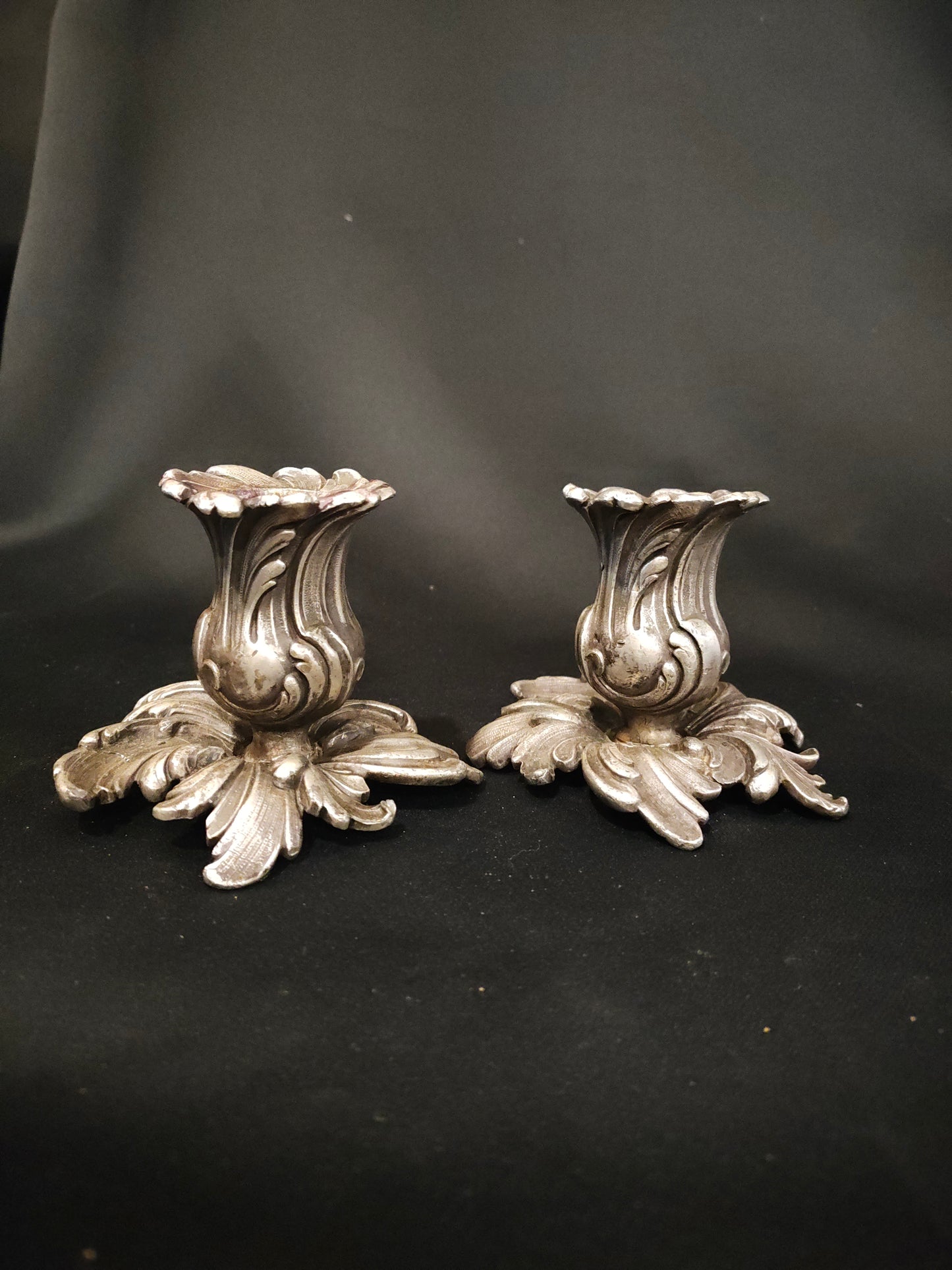Pair of Rococo Style Silvered Leaf Candleholders