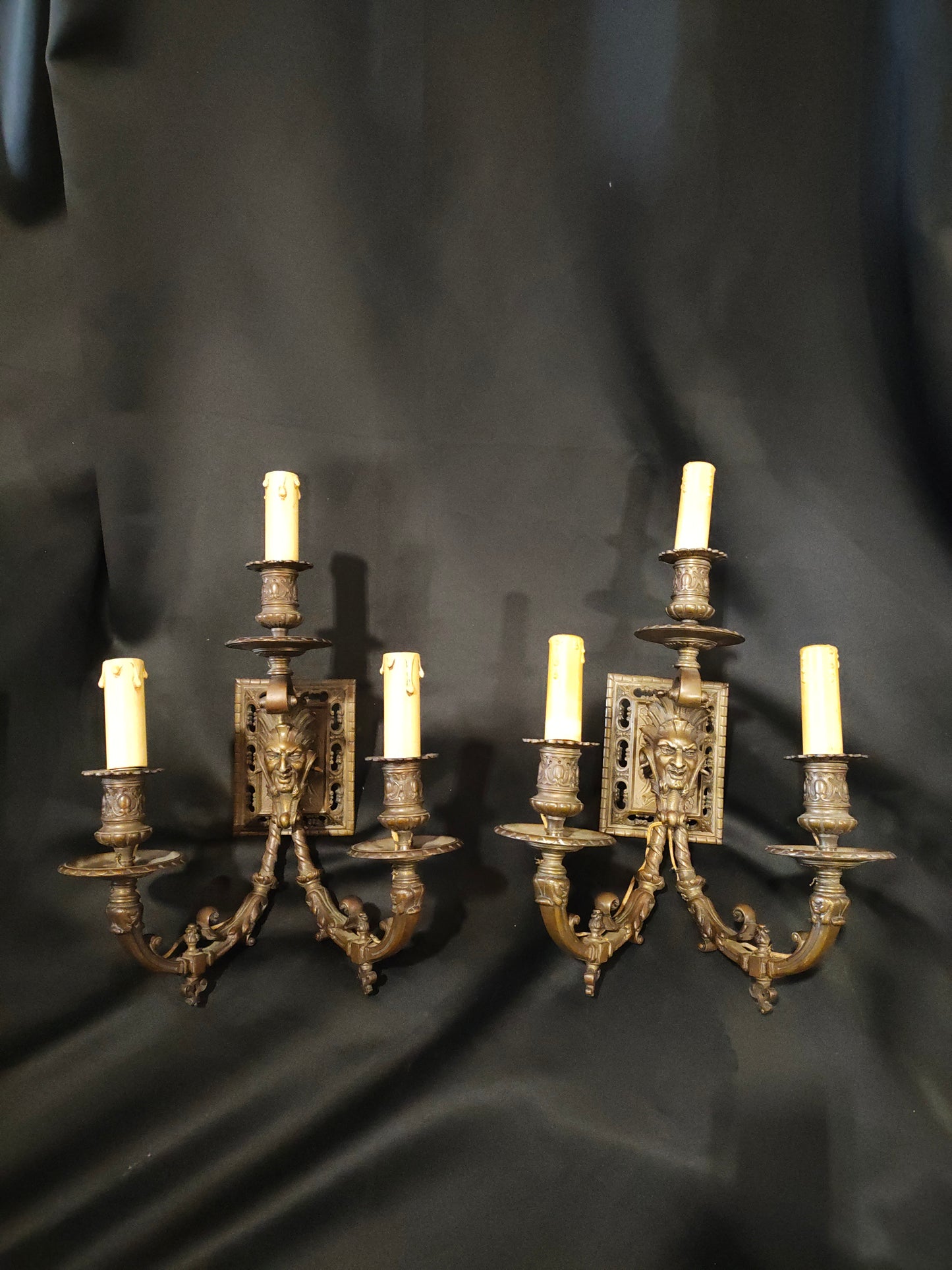 Pair of Antique French Renaissance Revival Bronze Figural Wall Sconces