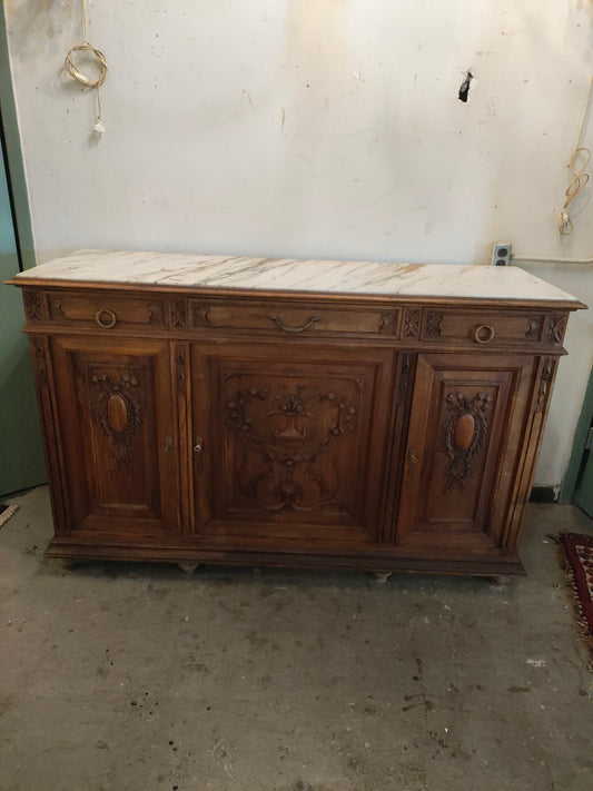Antique French Carved Marble Top Buffet / Sideboard, Circa 1800
