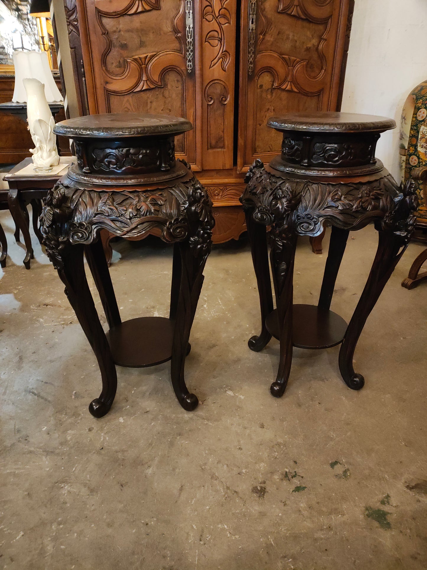 Handcarved Antique Rosewood Plant Stand Sold as a Pair
