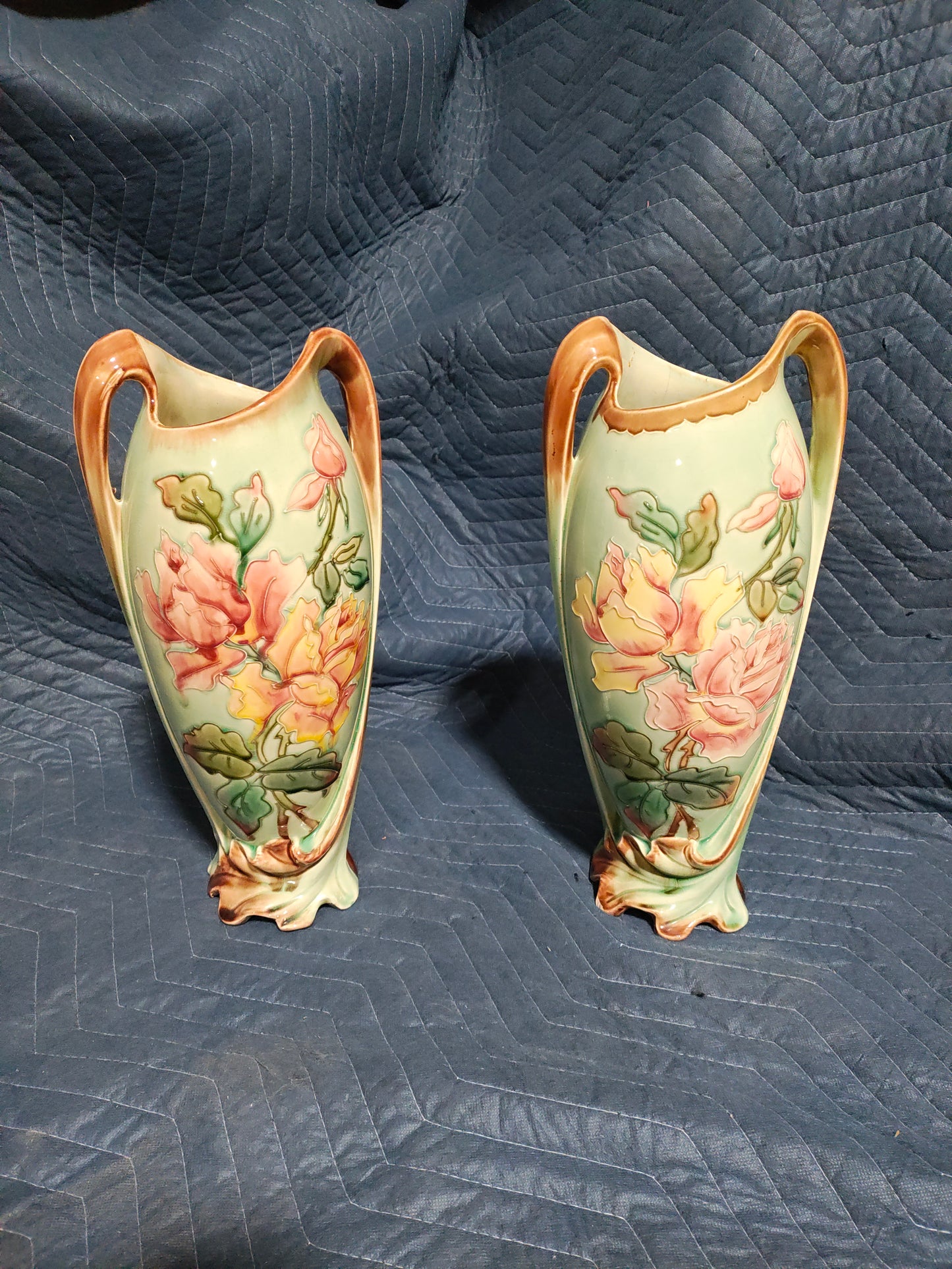 Pair of Art Nouveau Majolica Floral Vases, Austria Circa 1900
