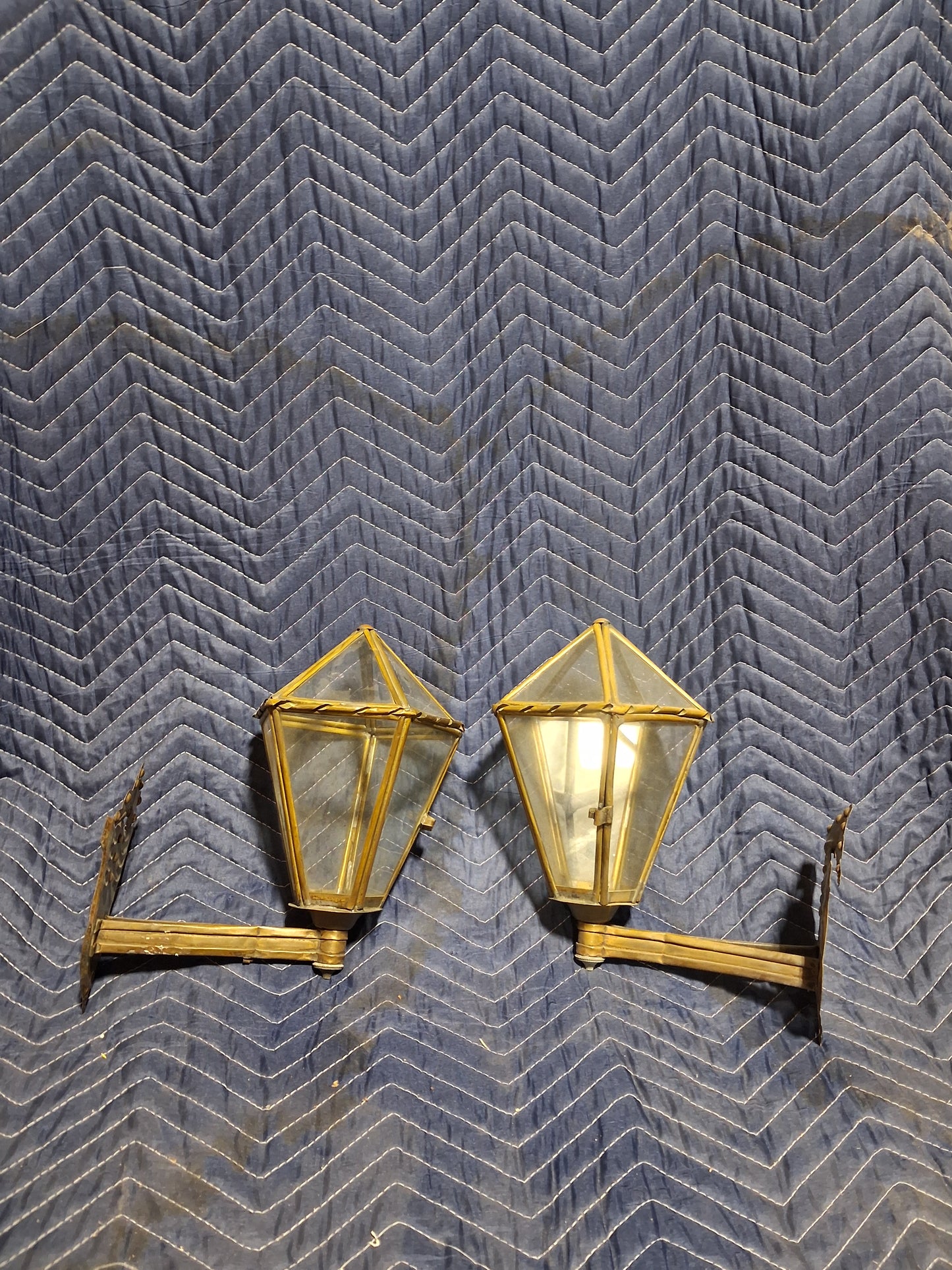Pair of Antique French Brass and Glass Lantern Wall Sconces c. 1900