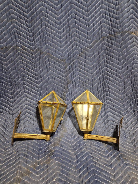 Pair of Antique French Brass and Glass Lantern Wall Sconces c. 1900