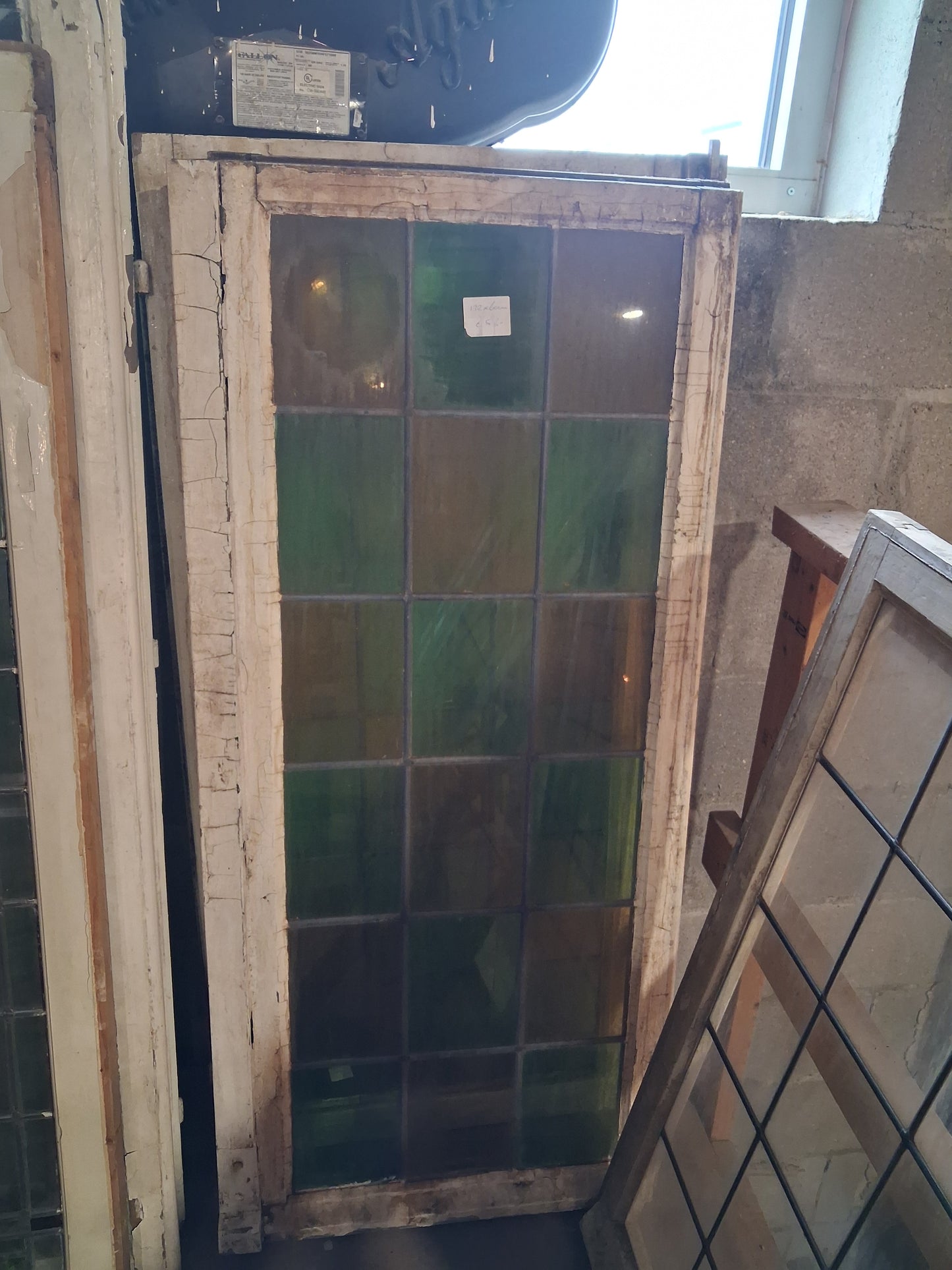 Pair of Antique Green & Yellow Leaded Glass Windows