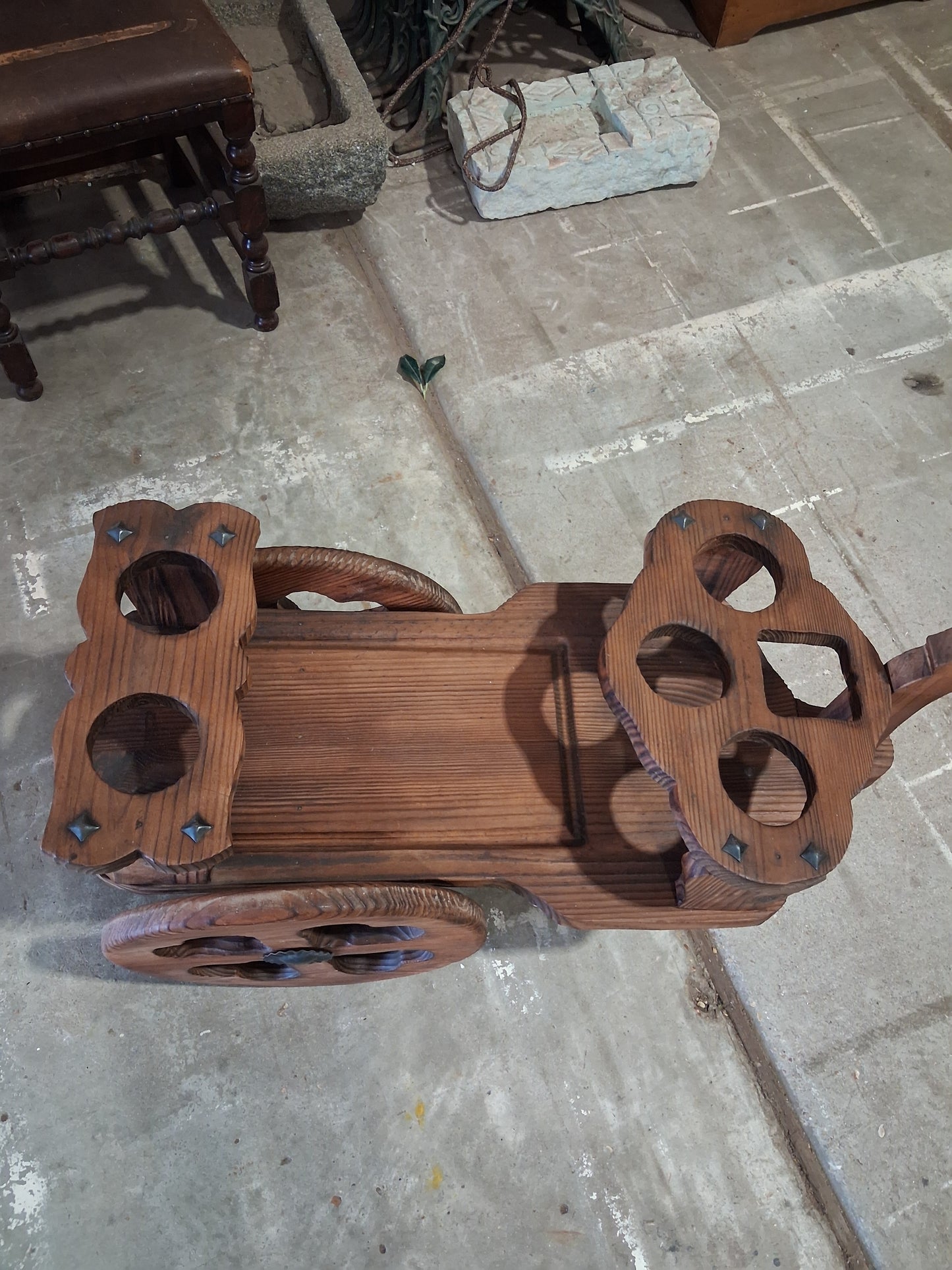 Vintage Carved Wood Rolling Bar Cart