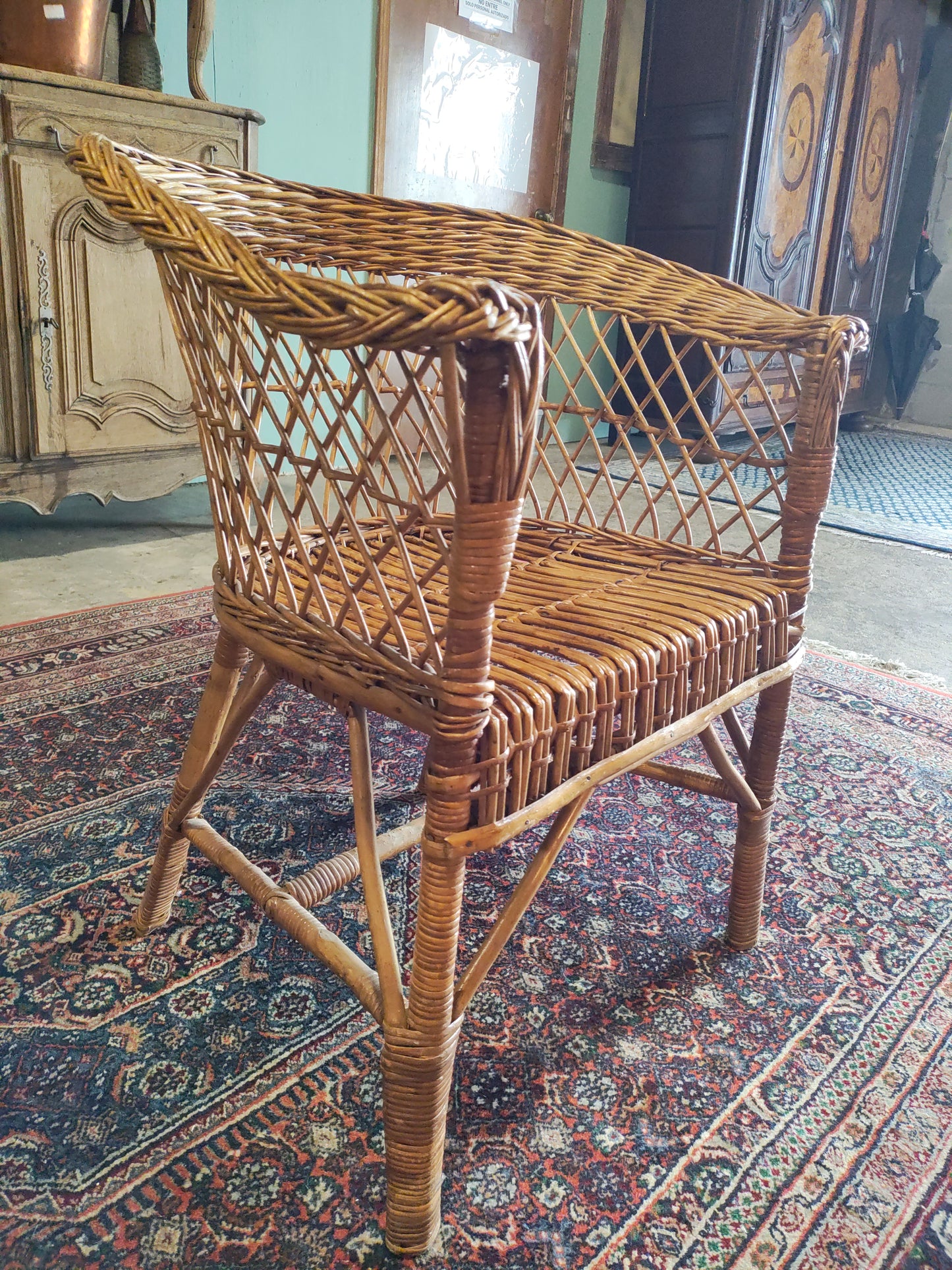 Mid-Century Rattan Barrel Back Lounge Chairs with Round Wicker Table – Set of 5