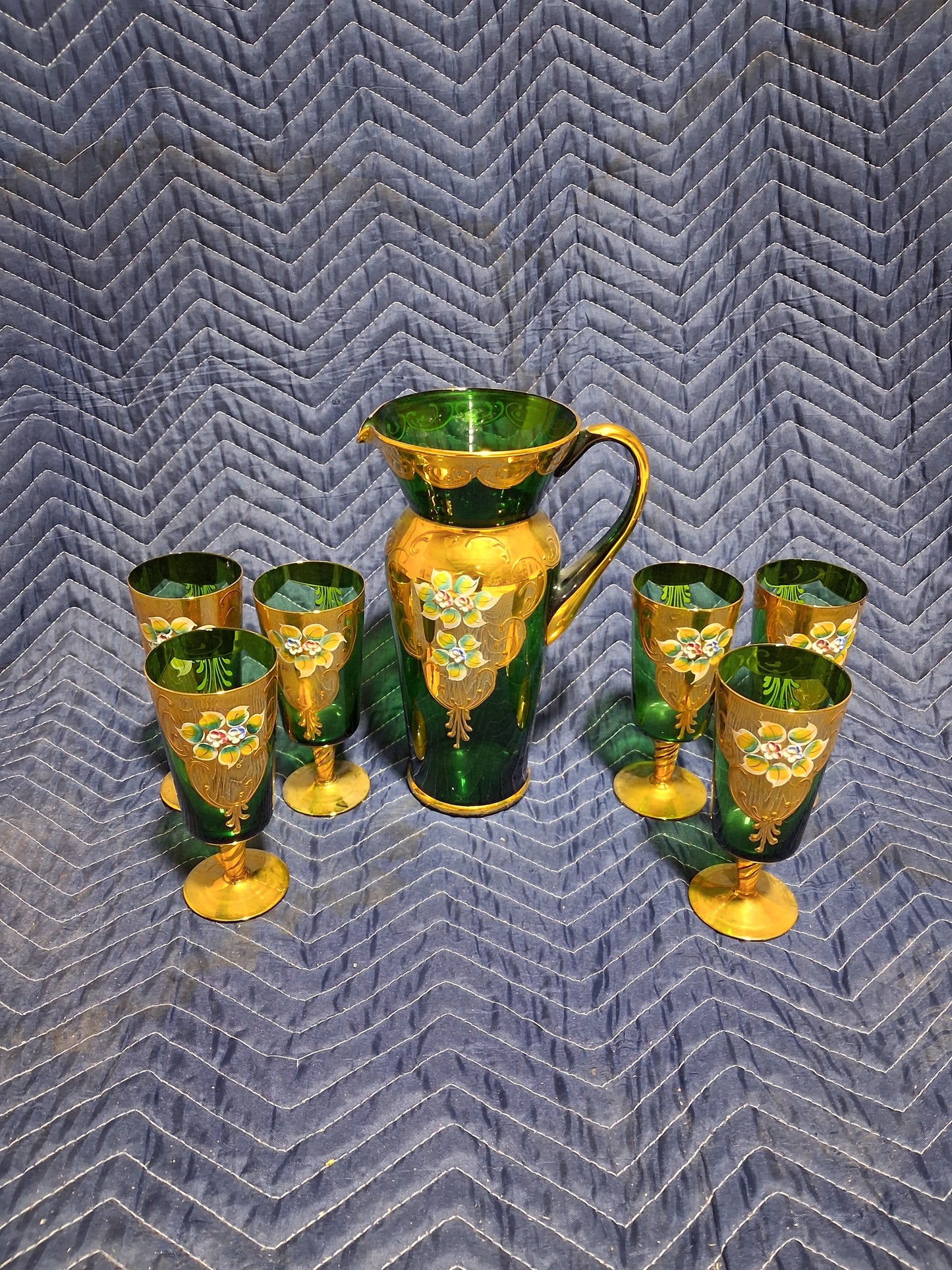 Antique Bohemian Emerald Green Art Glass Pitcher and Goblet Set
