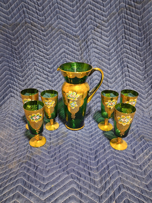 Antique Bohemian Emerald Green Art Glass Pitcher and Goblet Set