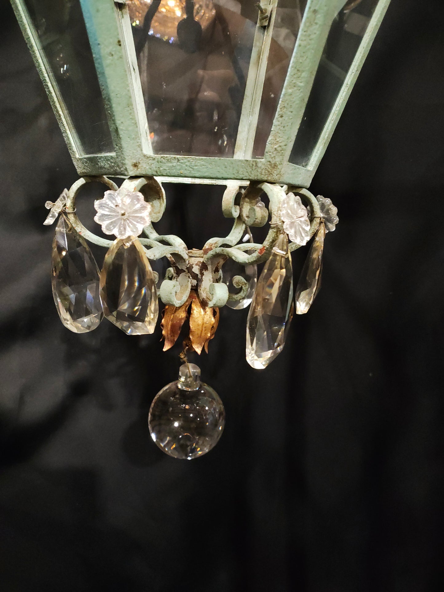 French Provincial Verdigris Iron & Crystal Lantern Chandelier