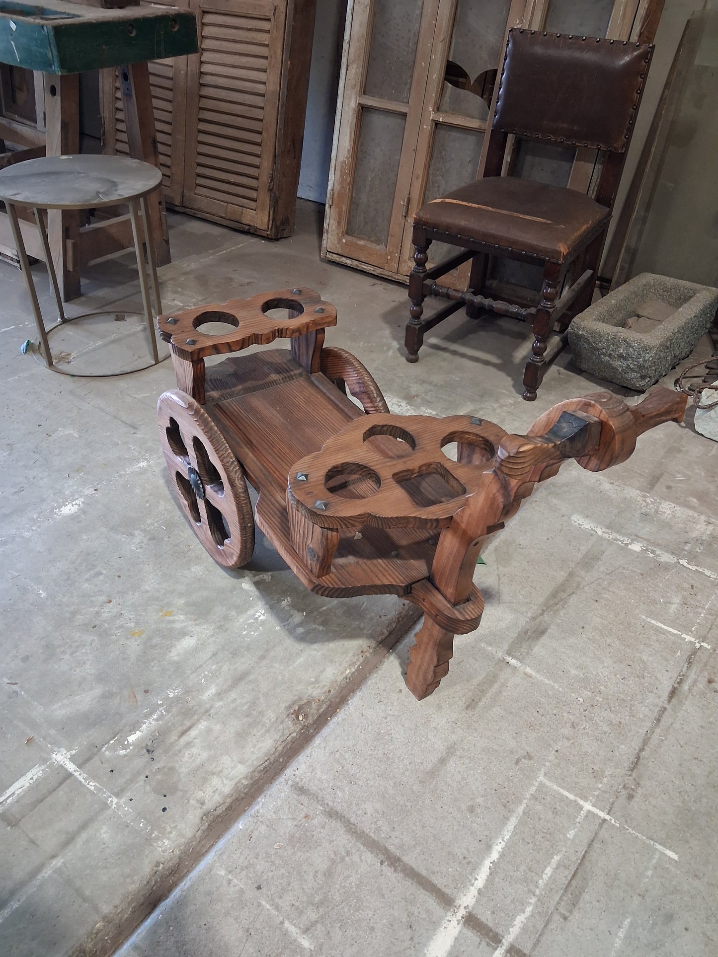 Vintage Carved Wood Rolling Bar Cart