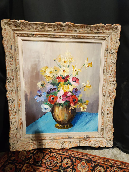 Mid-20th Century European Impasto Floral Oil Painting in Carved Rococo Frame