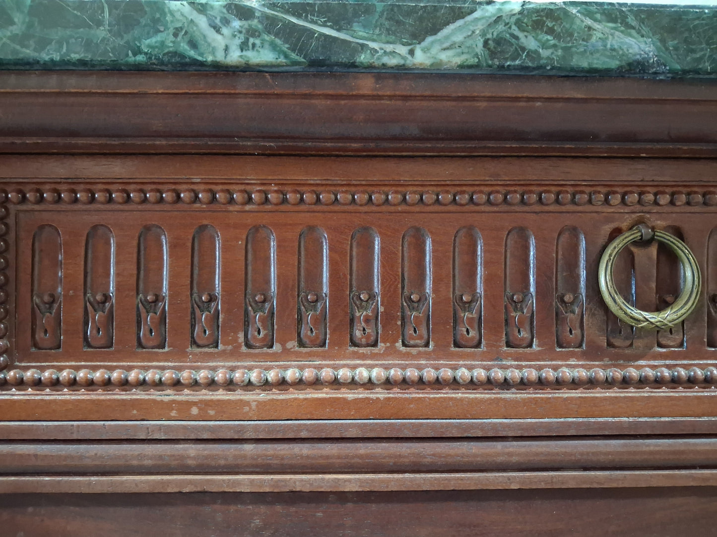 Antique French Louis XVI Revival Mahogany Marble Top Dining Room Suite, Circa 1890