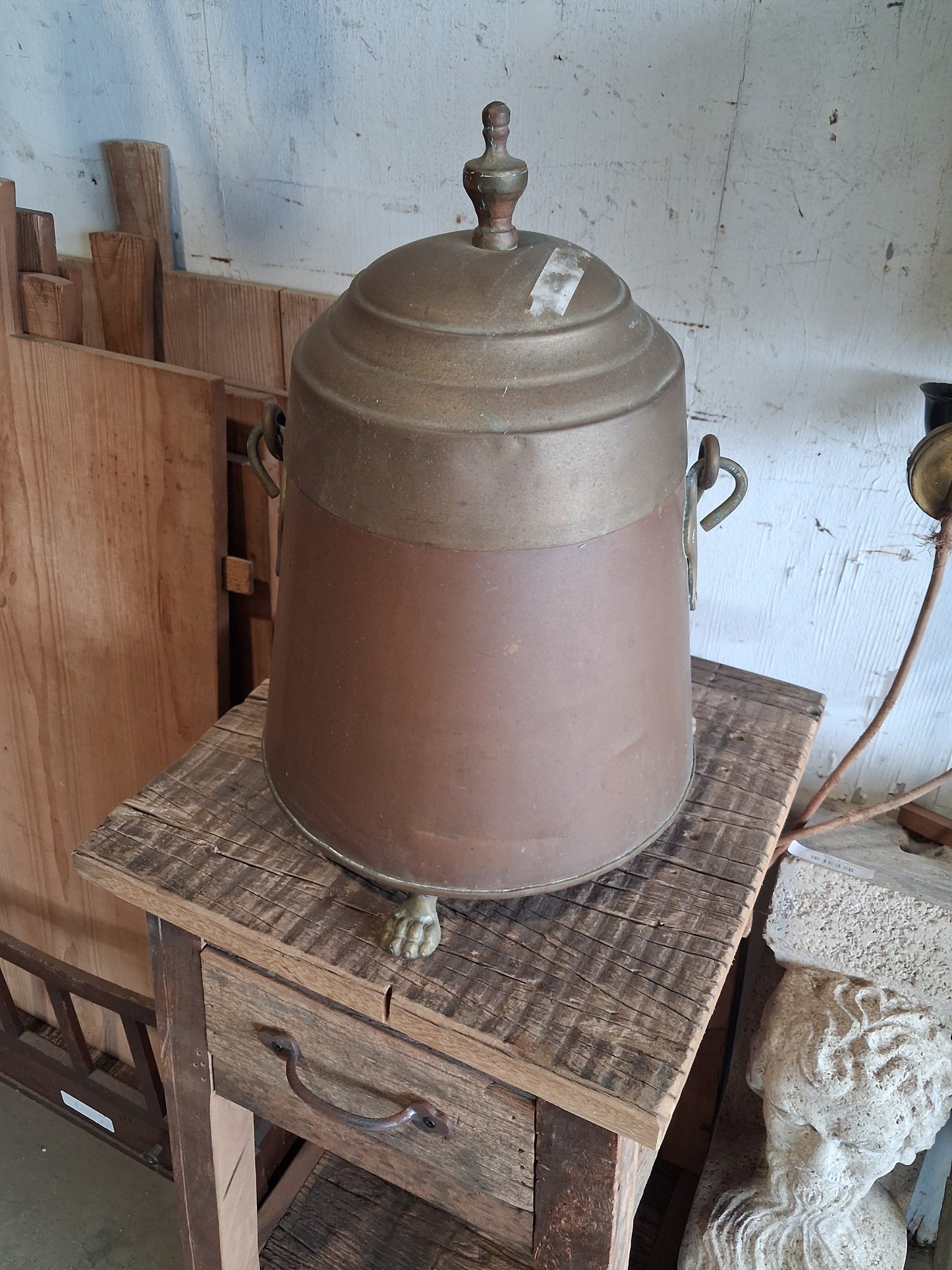 Antique Copper and Brass Covered Coal Scuttle / Fireplace Fuel Bin