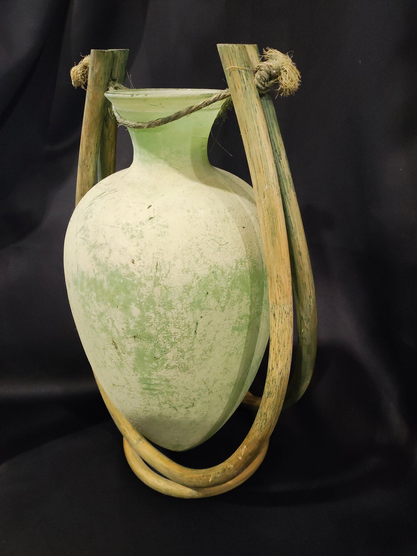 Mid-Century Green Art Glass Amphora Vase with Bamboo Stand