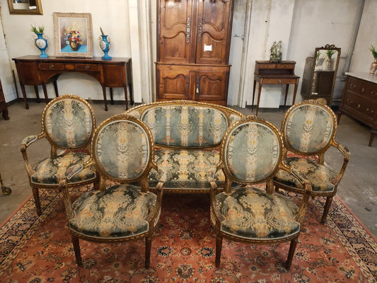 Antique French Giltwood Salon Seating Set, Settee and Four Chairs, c.1900