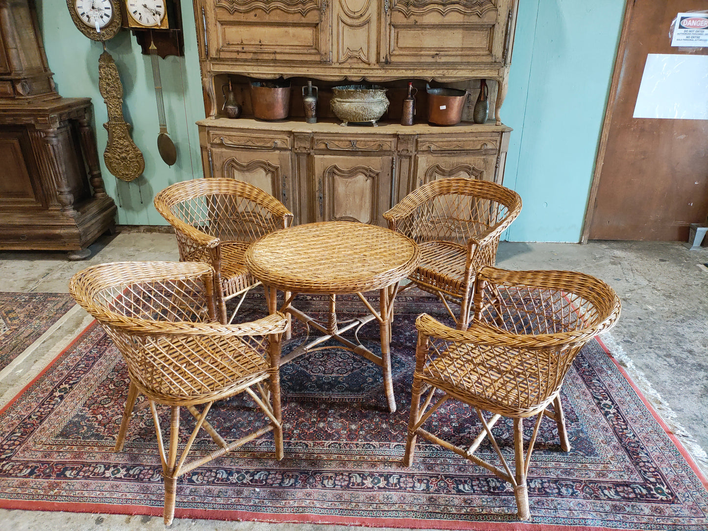 Mid-Century Rattan Barrel Back Lounge Chairs with Round Wicker Table – Set of 5
