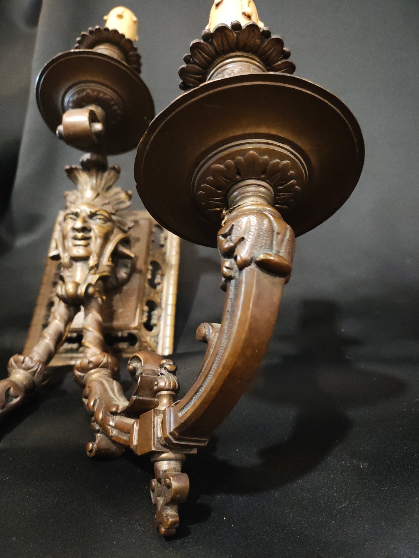 Pair of Antique French Renaissance Revival Bronze Figural Wall Sconces