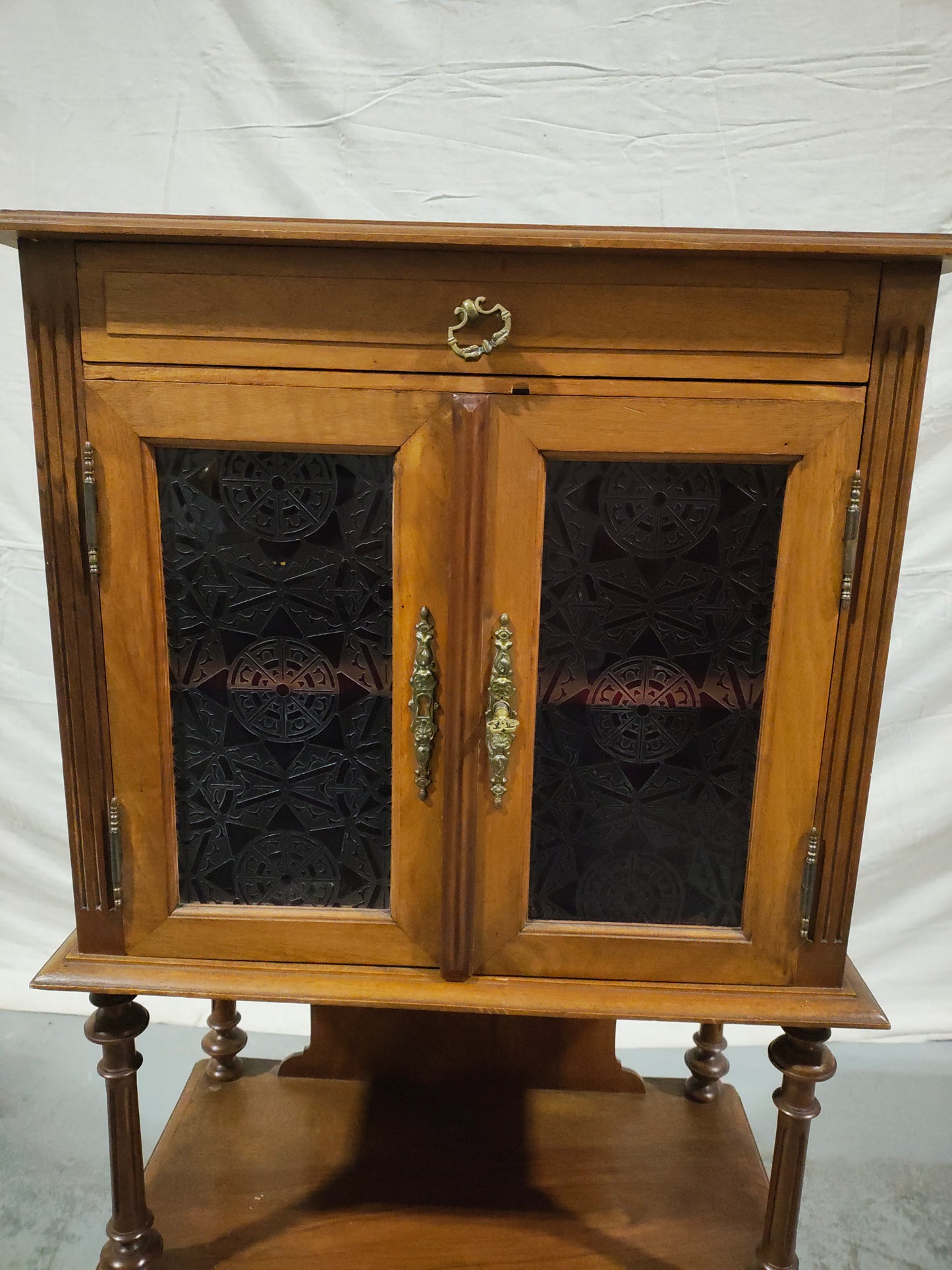 Antique Victorian Walnut Sheet Music Cabinet / Record Cabinet with Patterned Glass