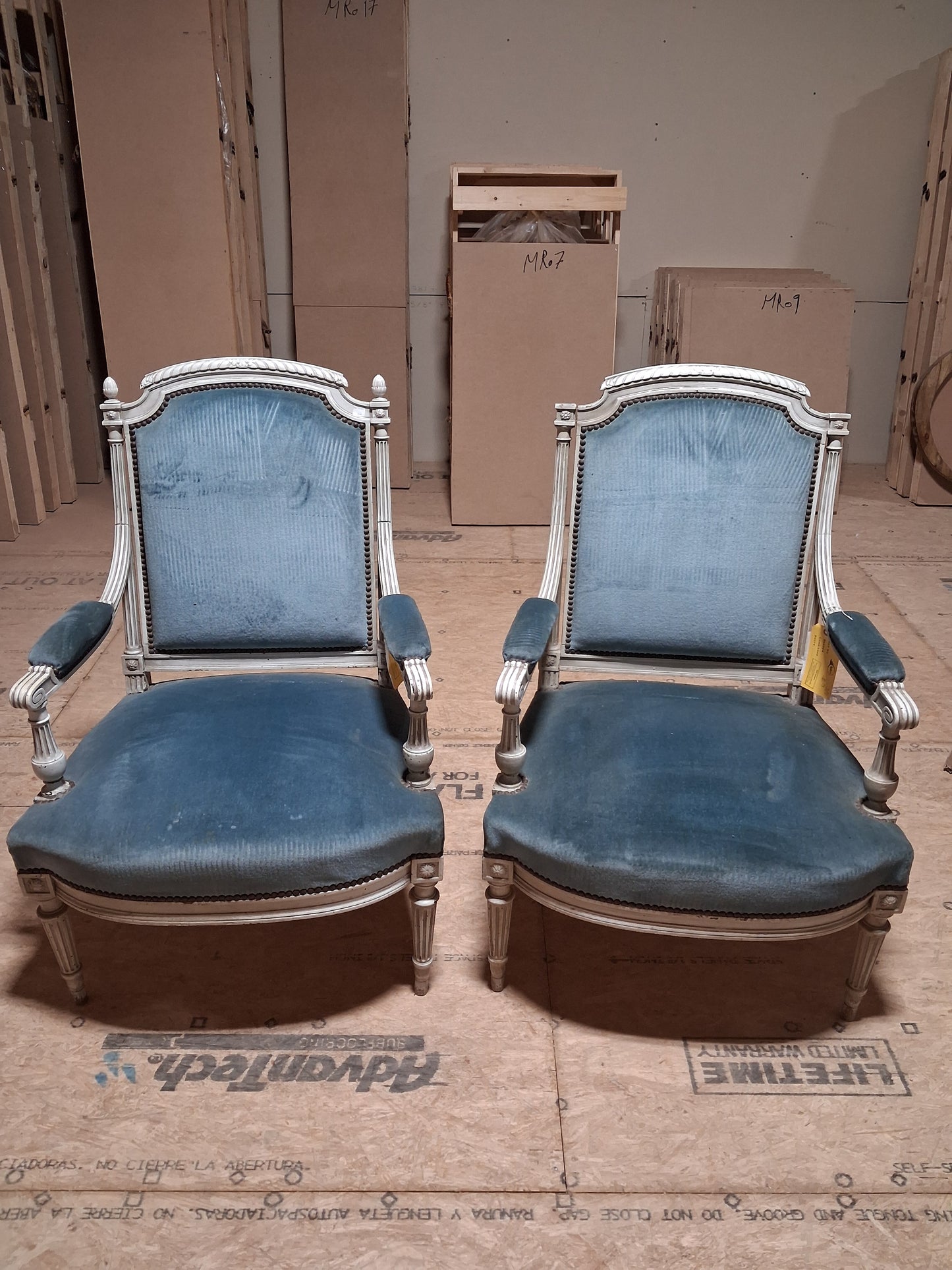 Pair of French Louis XVI Style Painted Fauteuils with Blue Velvet Upholstery