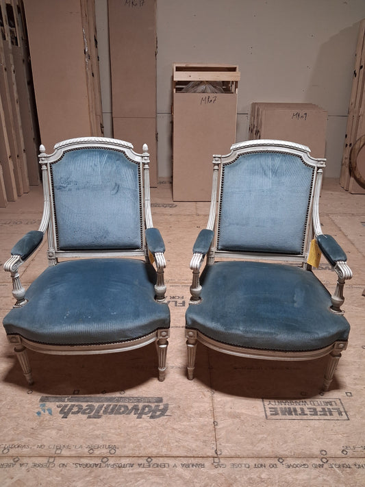 Pair of French Louis XVI Style Painted Fauteuils with Blue Velvet Upholstery