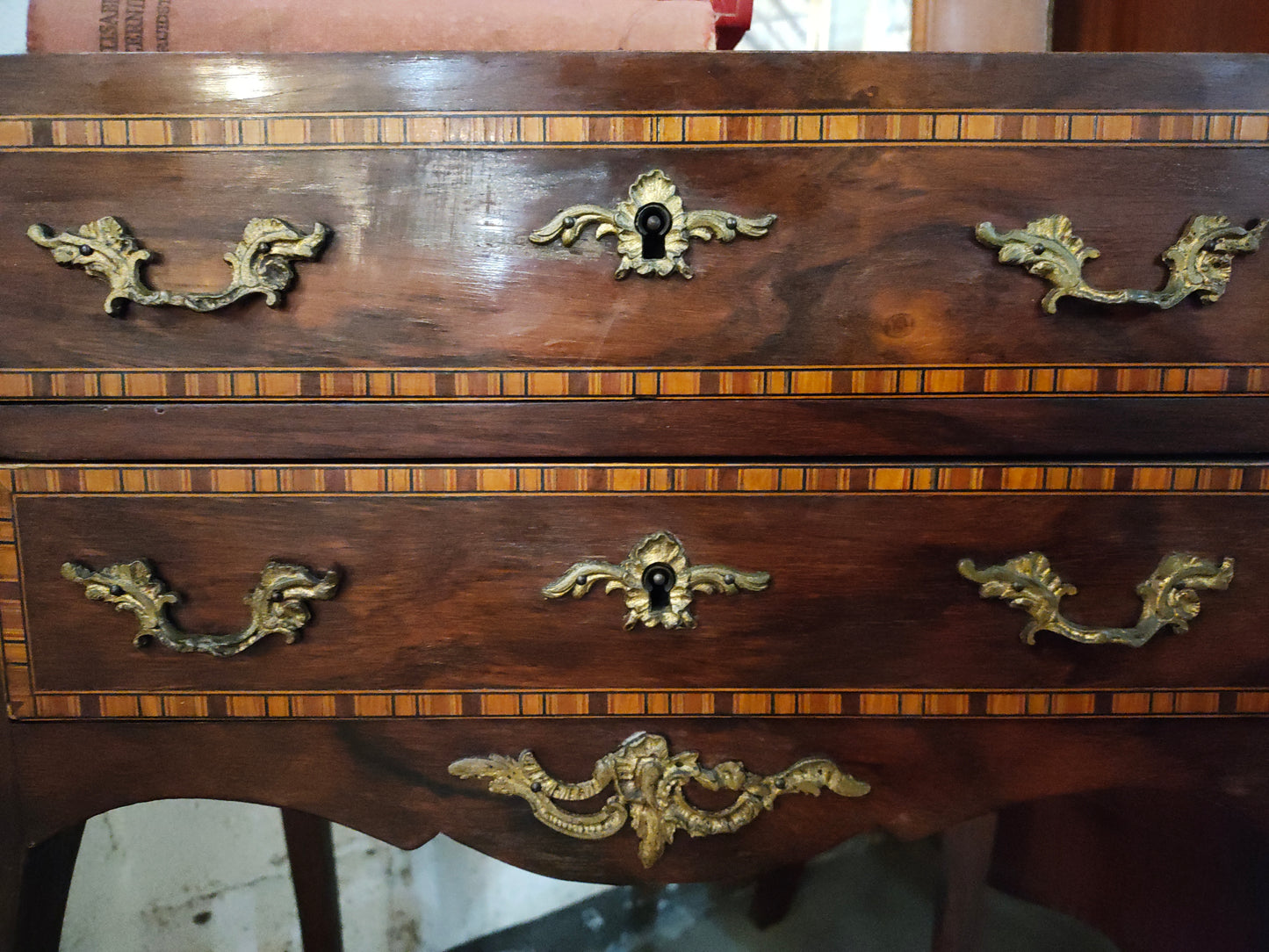 French 19th-Century Marquetry Writing Table with Brass Gallery