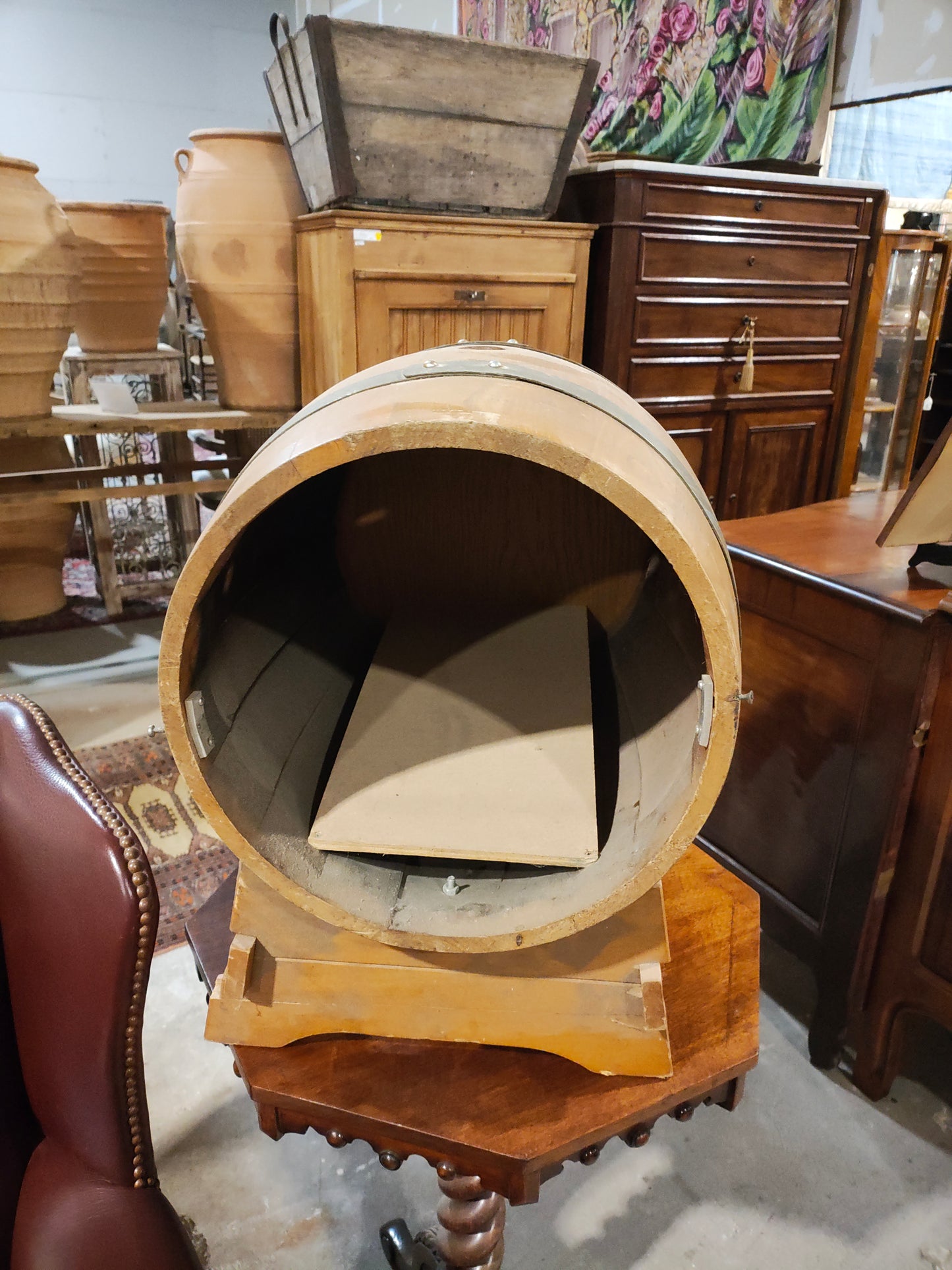 Rustic Oak Wine Barrel Dog Bed / Cabinet on Stand
