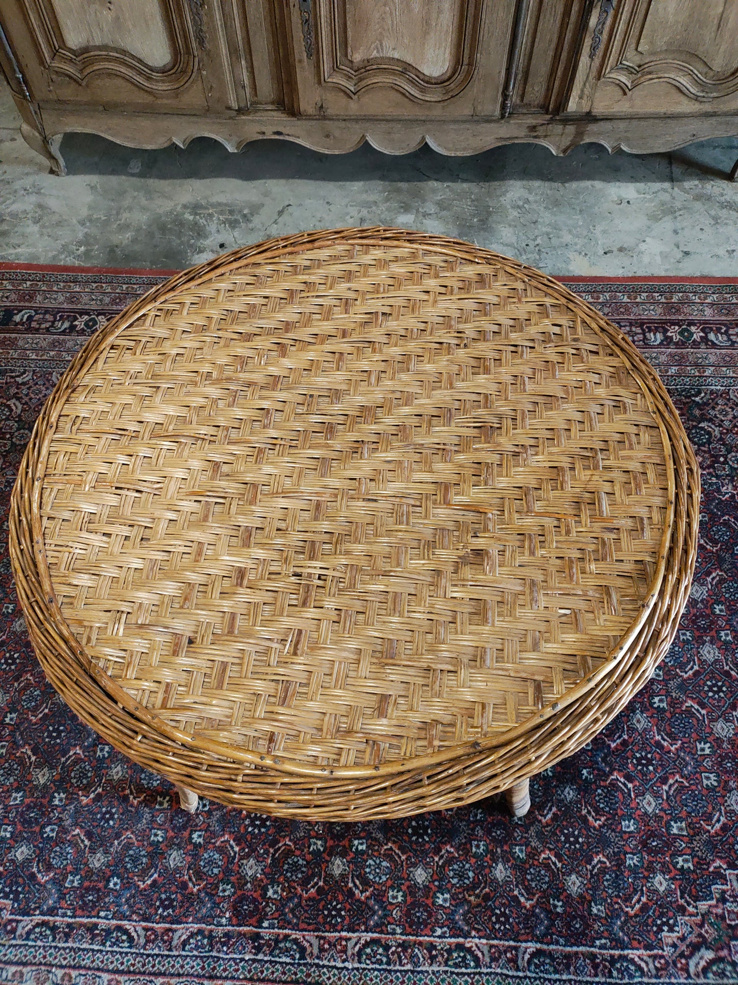 Mid-Century Rattan Barrel Back Lounge Chairs with Round Wicker Table – Set of 5