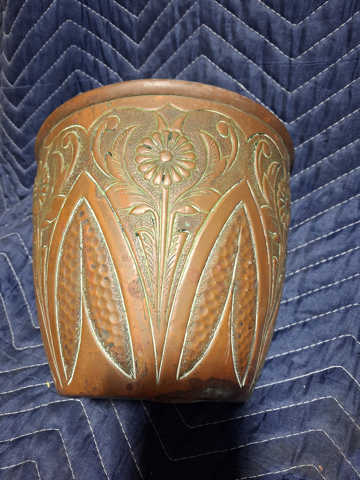 Pair of Art Nouveau Copper Cachepots with Repoussé Botanical Decoration