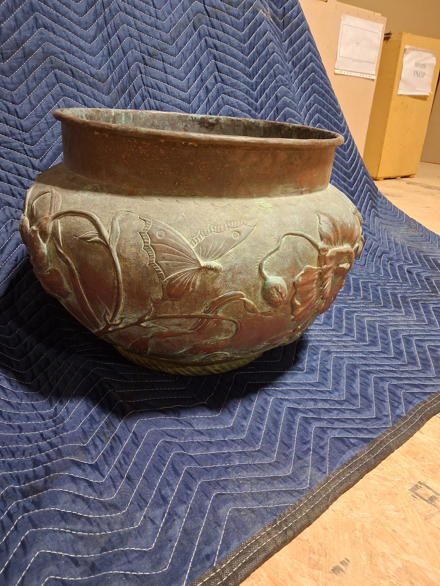 Large French Art Nouveau Copper Jardinière with Floral Relief Decoration