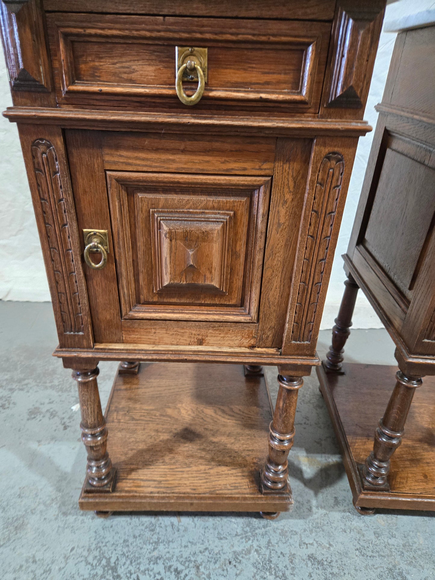 Late 1800s French Revival Oak Nightstand Pair