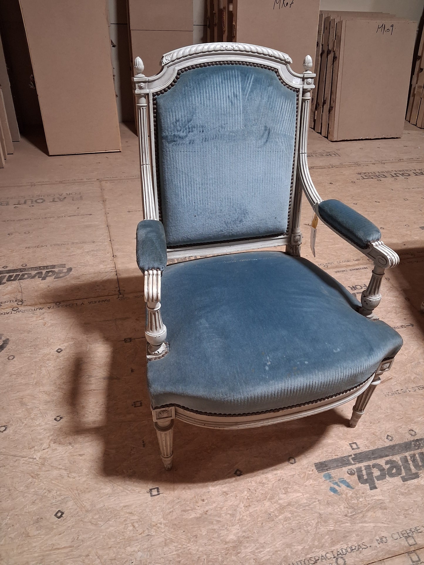Pair of French Louis XVI Style Painted Fauteuils with Blue Velvet Upholstery
