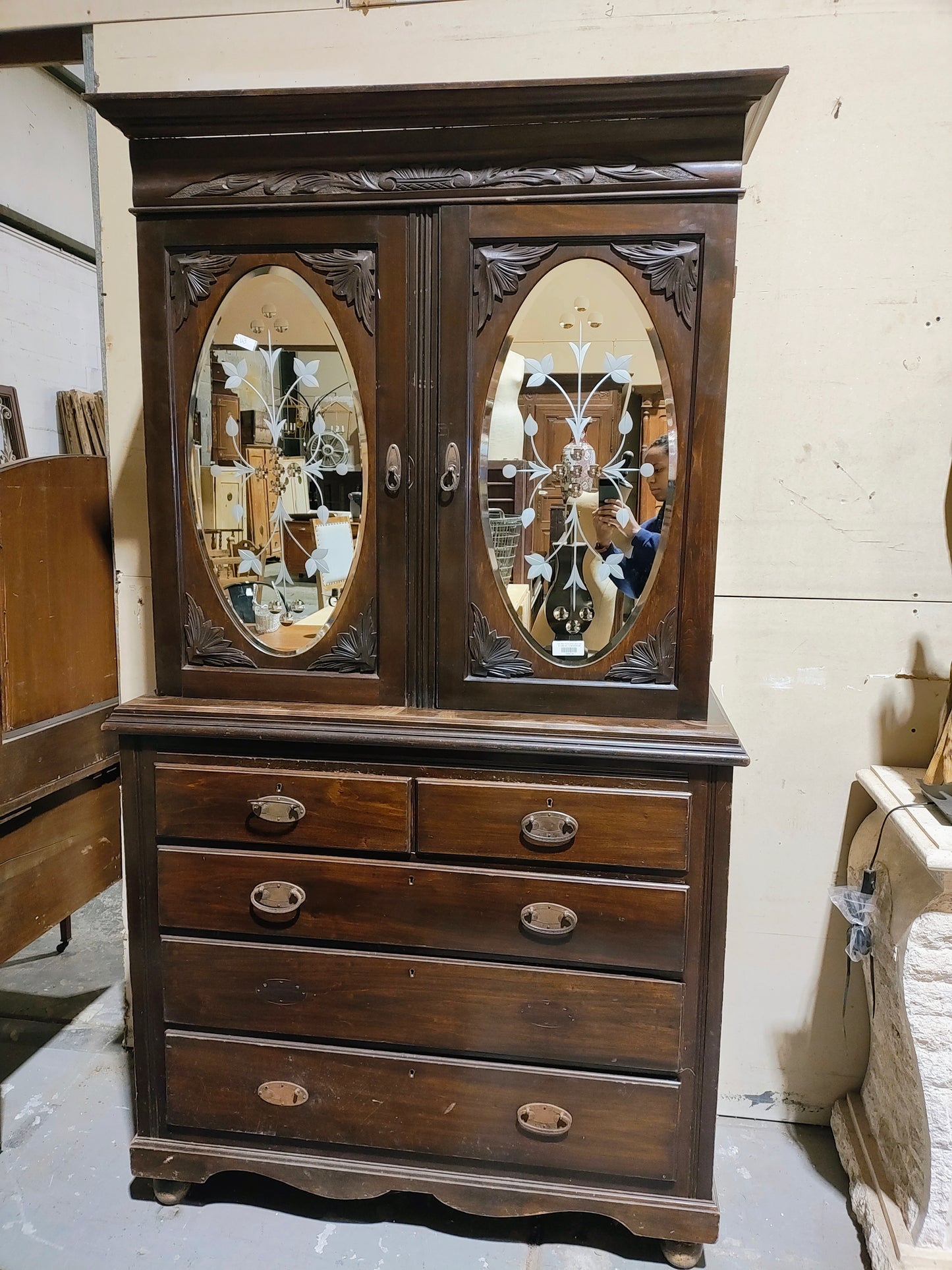 Late 1800s Victorian etched glass hutch