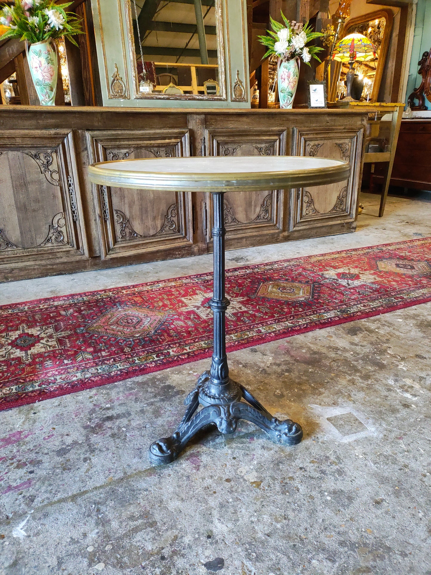 French Carrara Marble Parisian Café Table with Brass Gallery & Cast-Iron Lion Paw Base