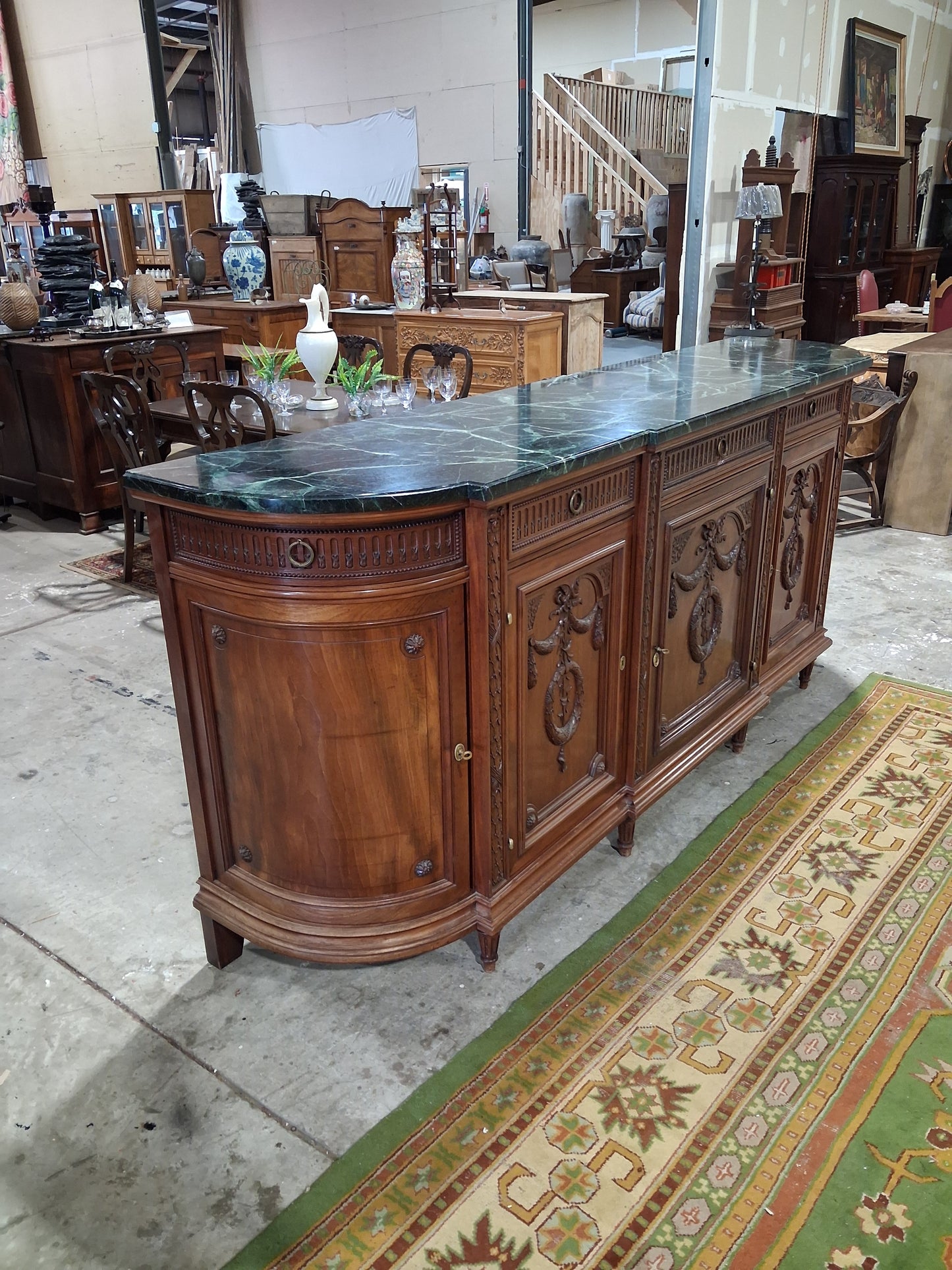 Antique French Louis XVI Revival Mahogany Marble Top Dining Room Suite, Circa 1890