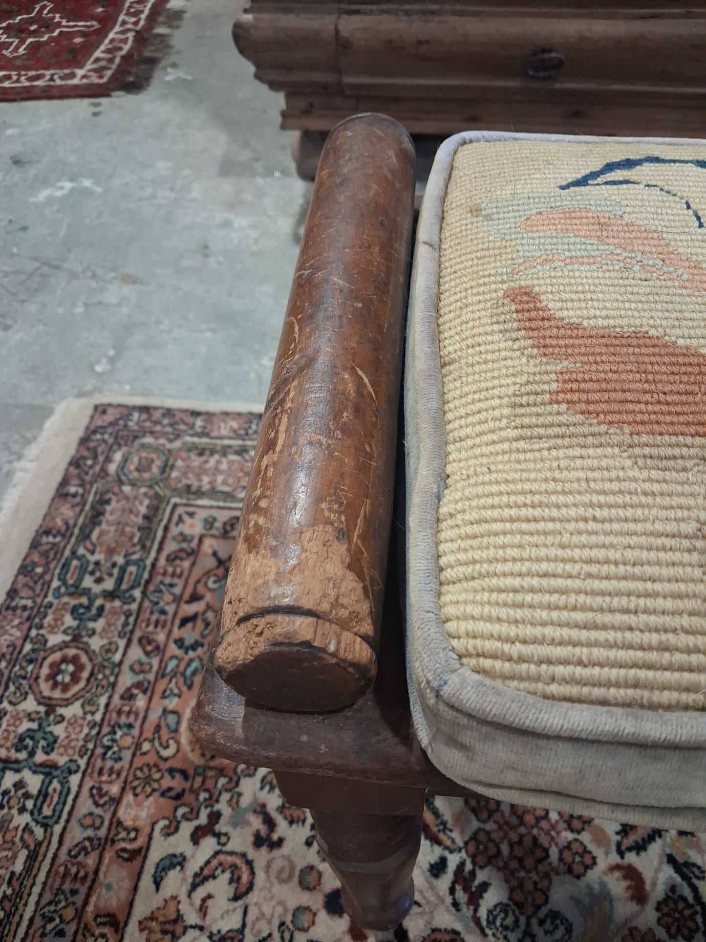 Antique Turned Leg Bench with Vintage Needlepoint Cushion