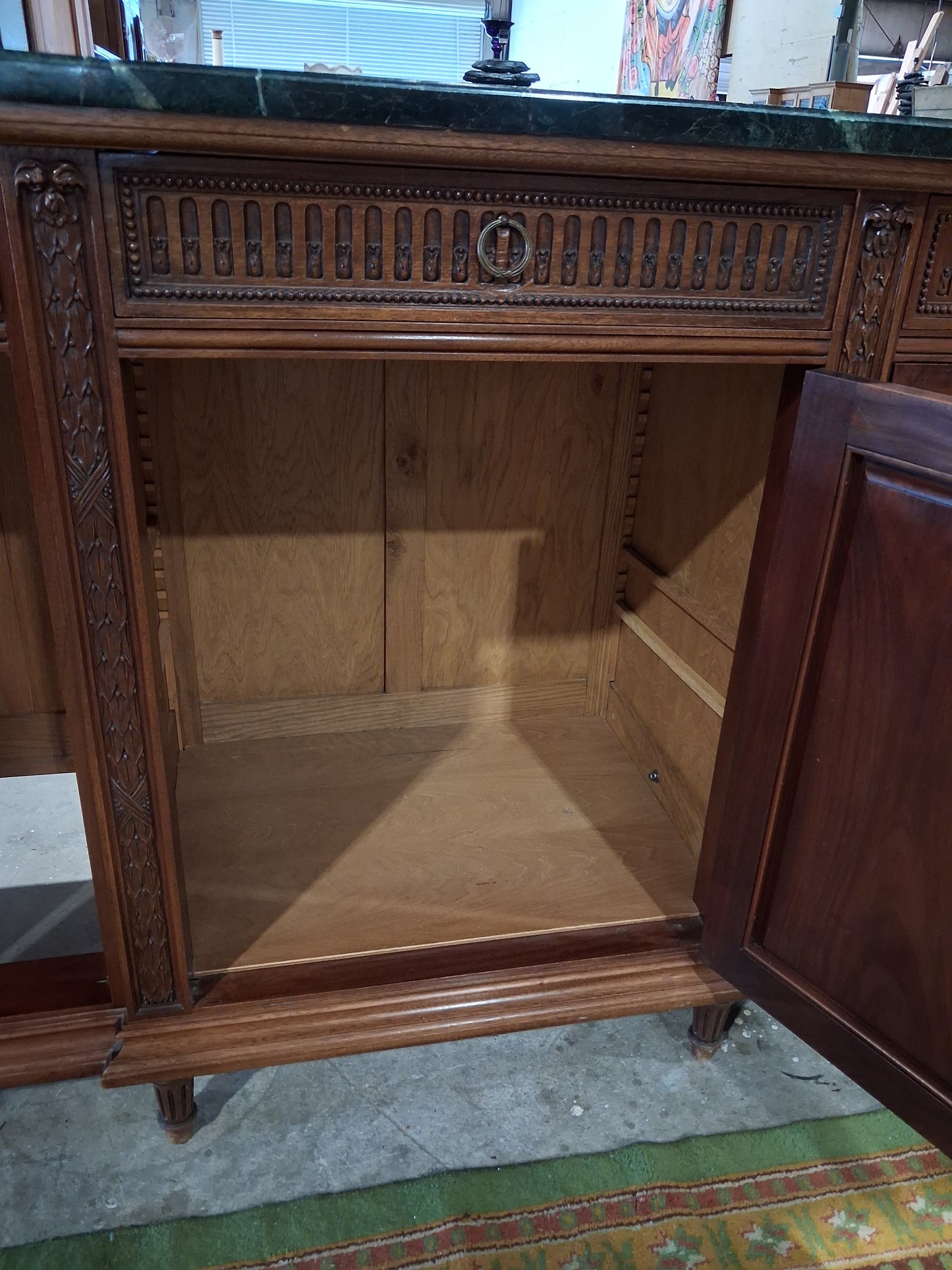 Antique French Louis XVI Revival Mahogany Marble Top Dining Room Suite, Circa 1890