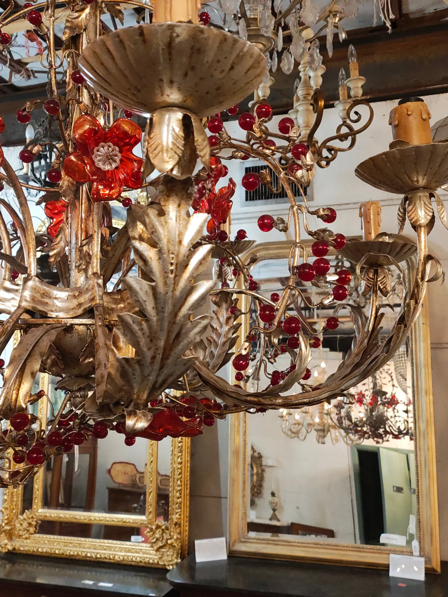 1940s French Gilt Metal Floral Chandelier with Red Glass Berry Accents – Marseille
