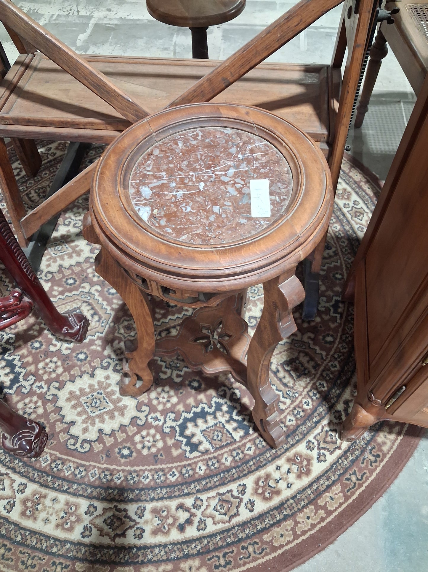 Vintage Chinoiserie Tripod Marble Top Accent Table