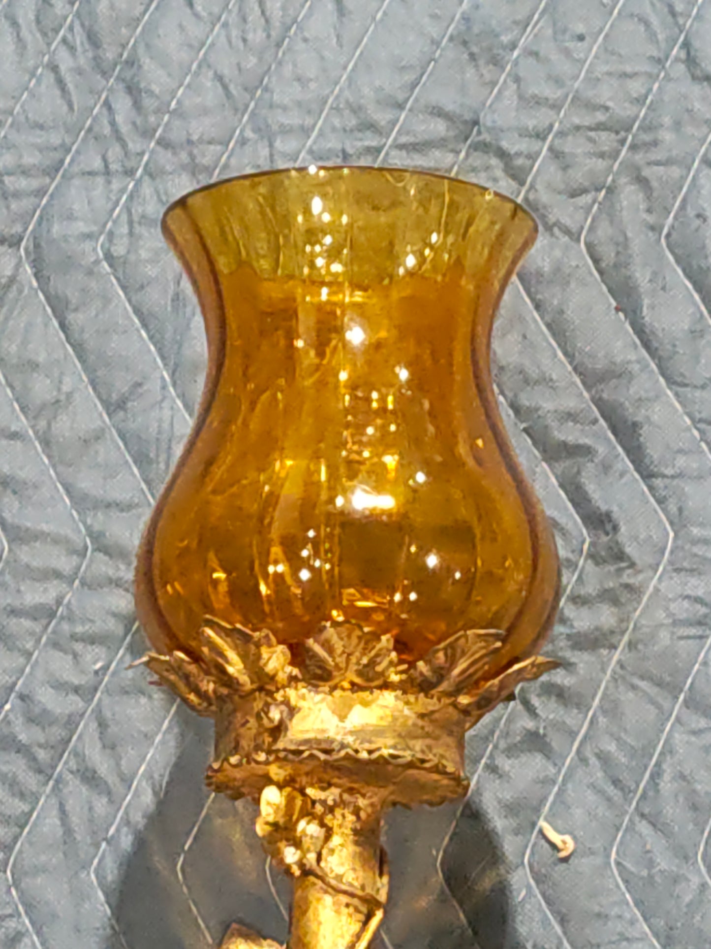 French Gilt Metal Wall Sconce with Amber Glass Hurricane, c. 1890