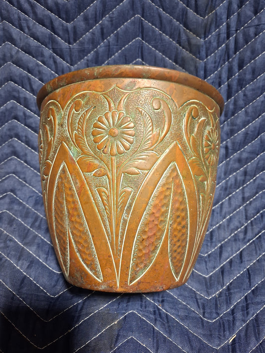 Pair of Art Nouveau Copper Cachepots with Repoussé Botanical Decoration