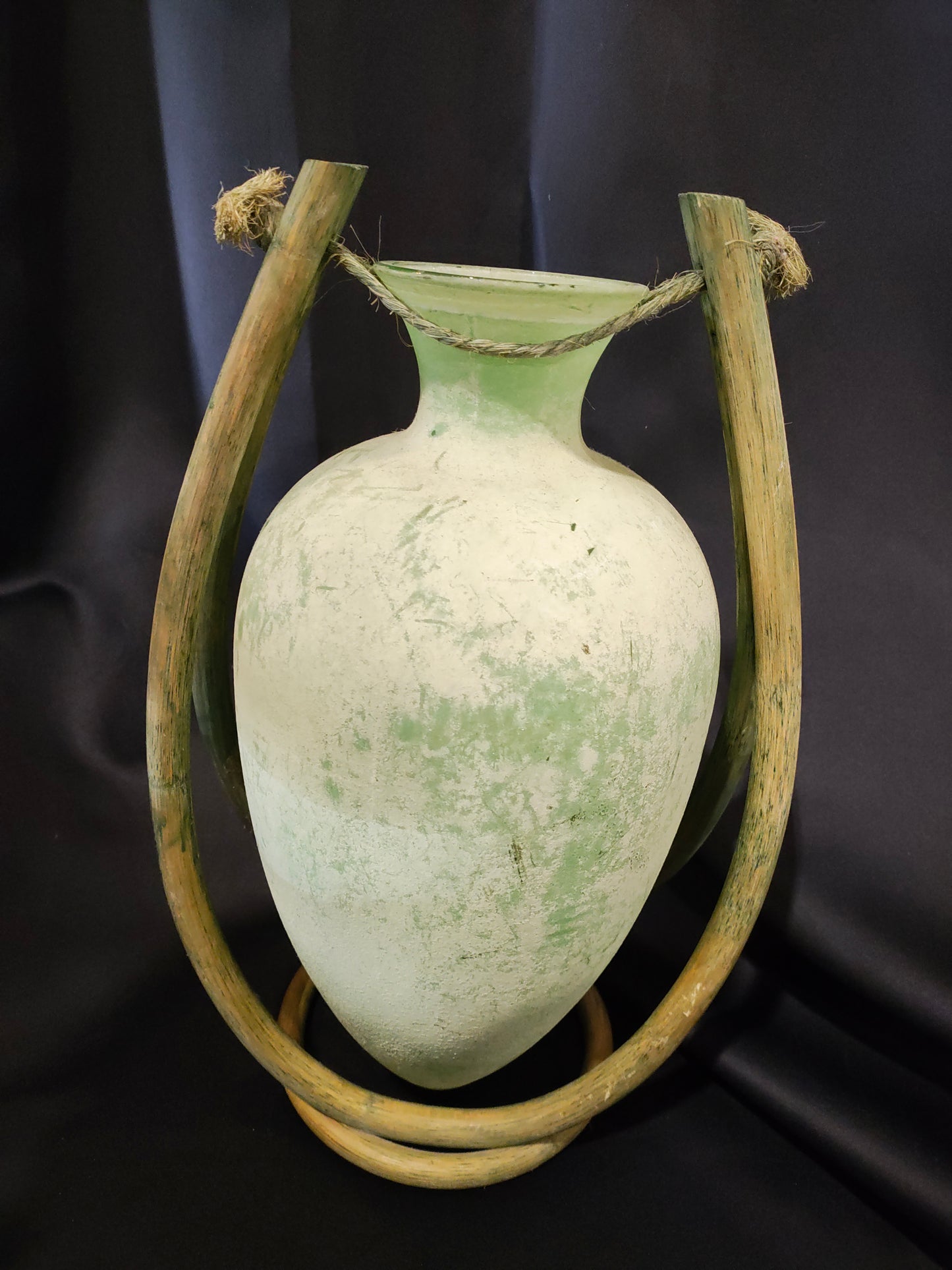 Mid-Century Green Art Glass Amphora Vase with Bamboo Stand