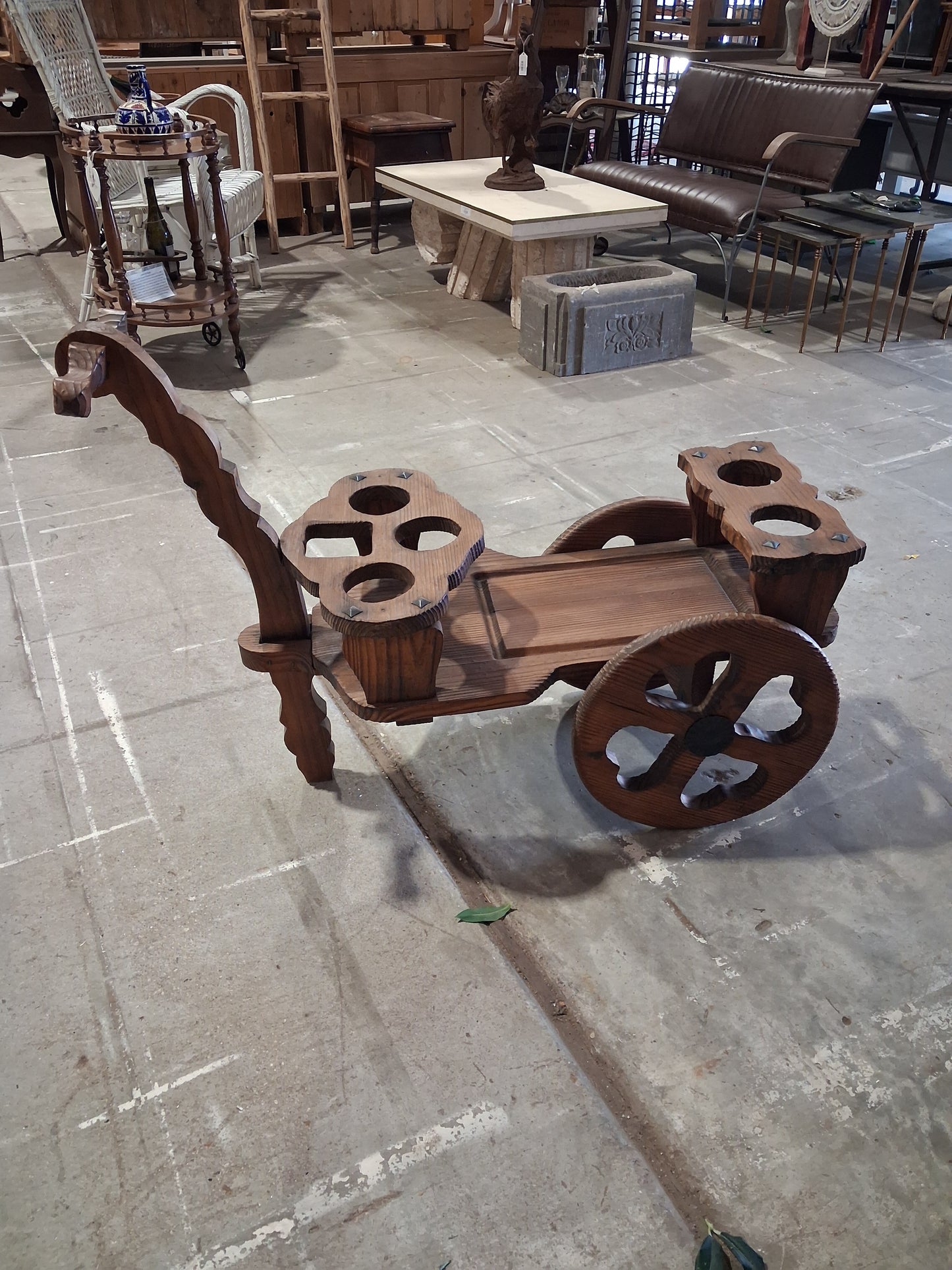 Vintage Carved Wood Rolling Bar Cart